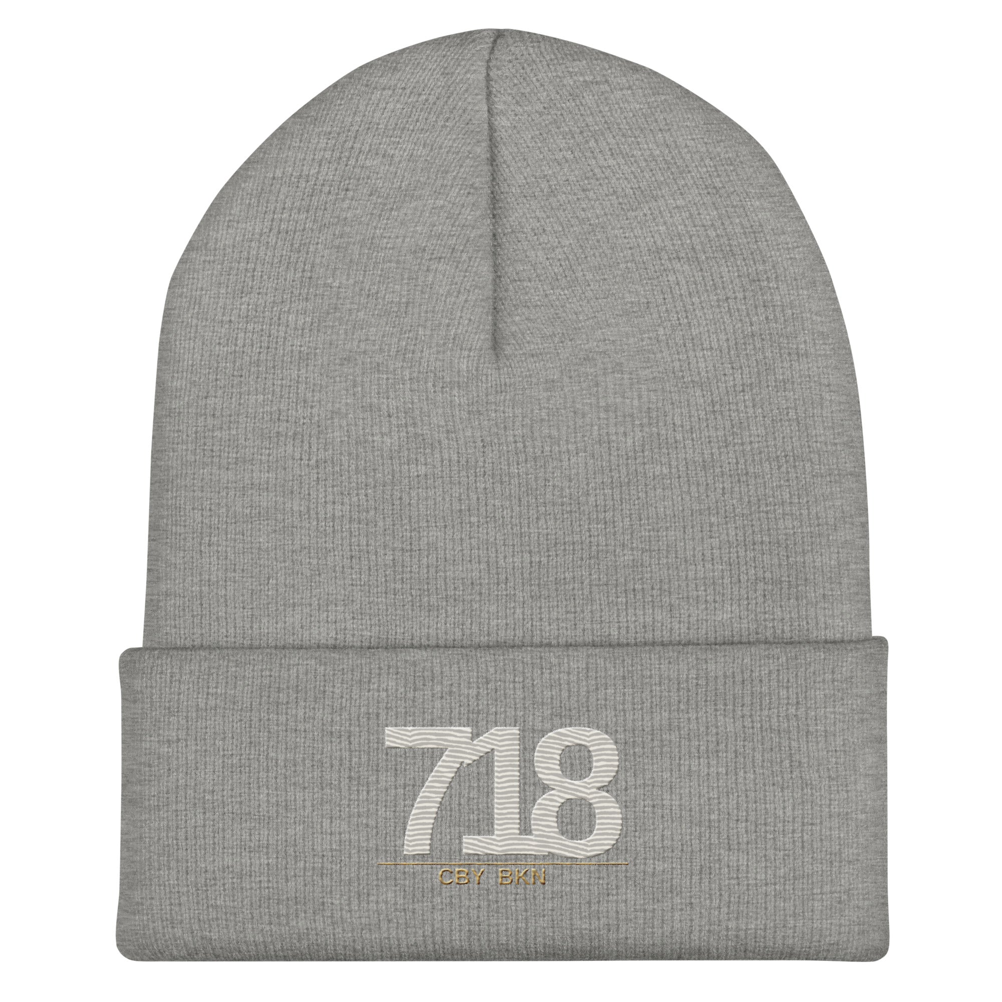 CBY BKN 718 cuffed beanie — heather grey, front