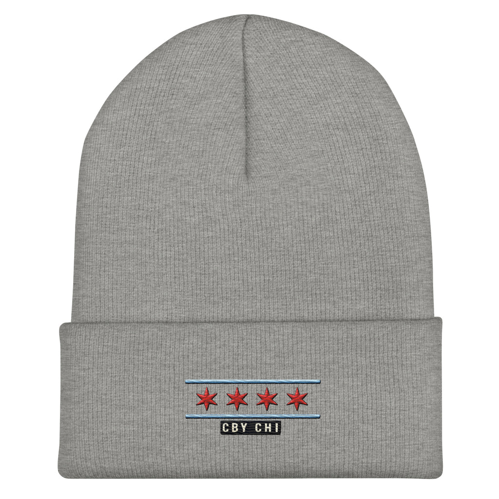 CBY CHI Chicago Flag cuffed beanie — heather grey, front