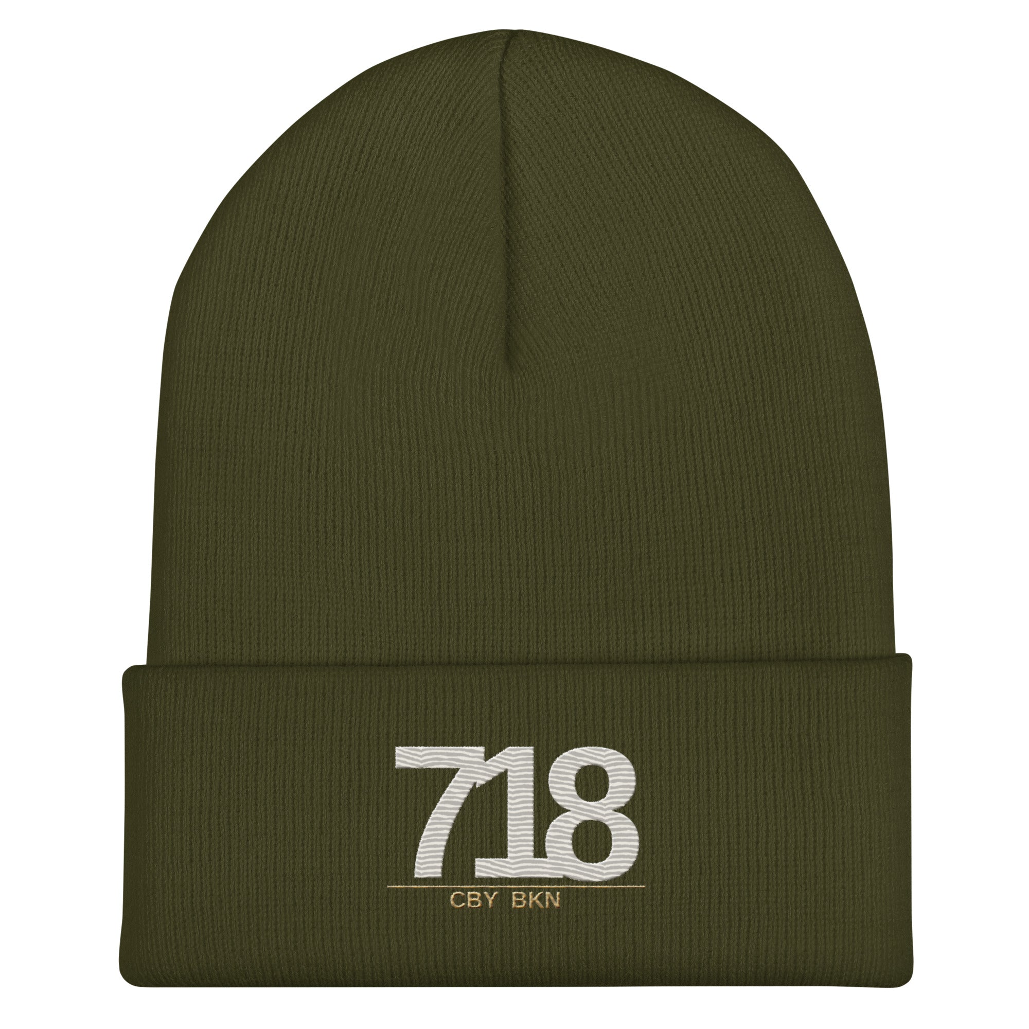 CBY BKN 718 cuffed beanie — olive, front