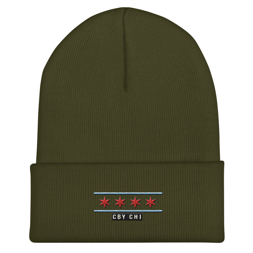 CBY CHI Chicago Flag cuffed beanie — olive, front