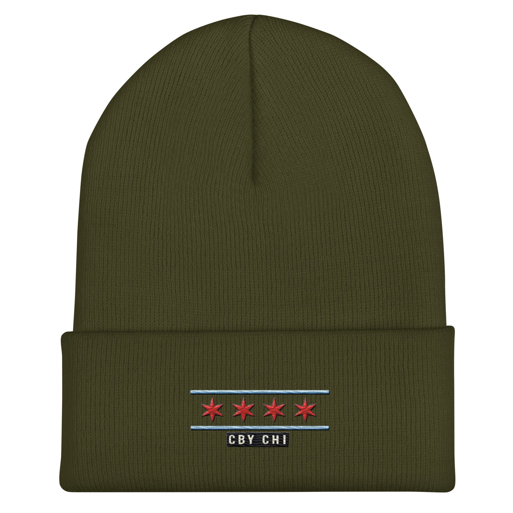 CBY CHI Chicago Flag cuffed beanie — olive, front