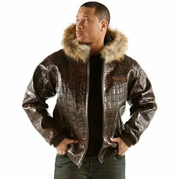 Men Bomber Hooded Leather Jacket Crocodile Embossed Jacket Fur Hood Biker Jacket