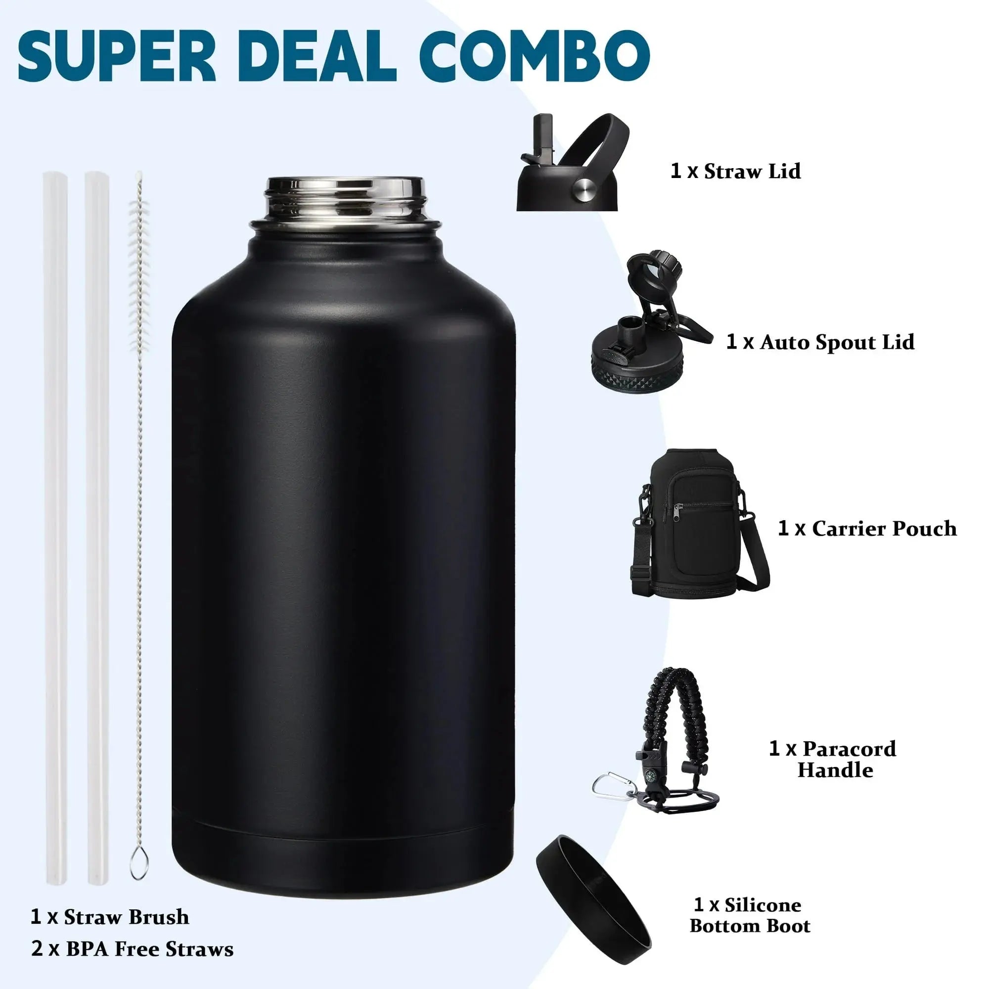 Stainless Steel Water Bottles 64Oz Cold-48H Vacuum Insulated Half Gallon Jug with Straw & Chug Lid, Paracord Handle, Strap Carry Bag, Metal Tactical Canteen