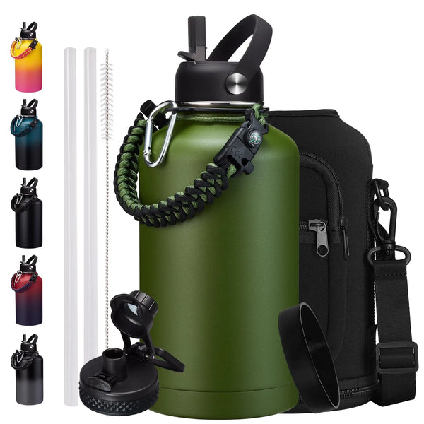 Stainless Steel Water Bottles 64Oz Cold-48H Vacuum Insulated Half Gallon Jug with Straw & Chug Lid, Paracord Handle, Strap Carry Bag, Metal Tactical Canteen