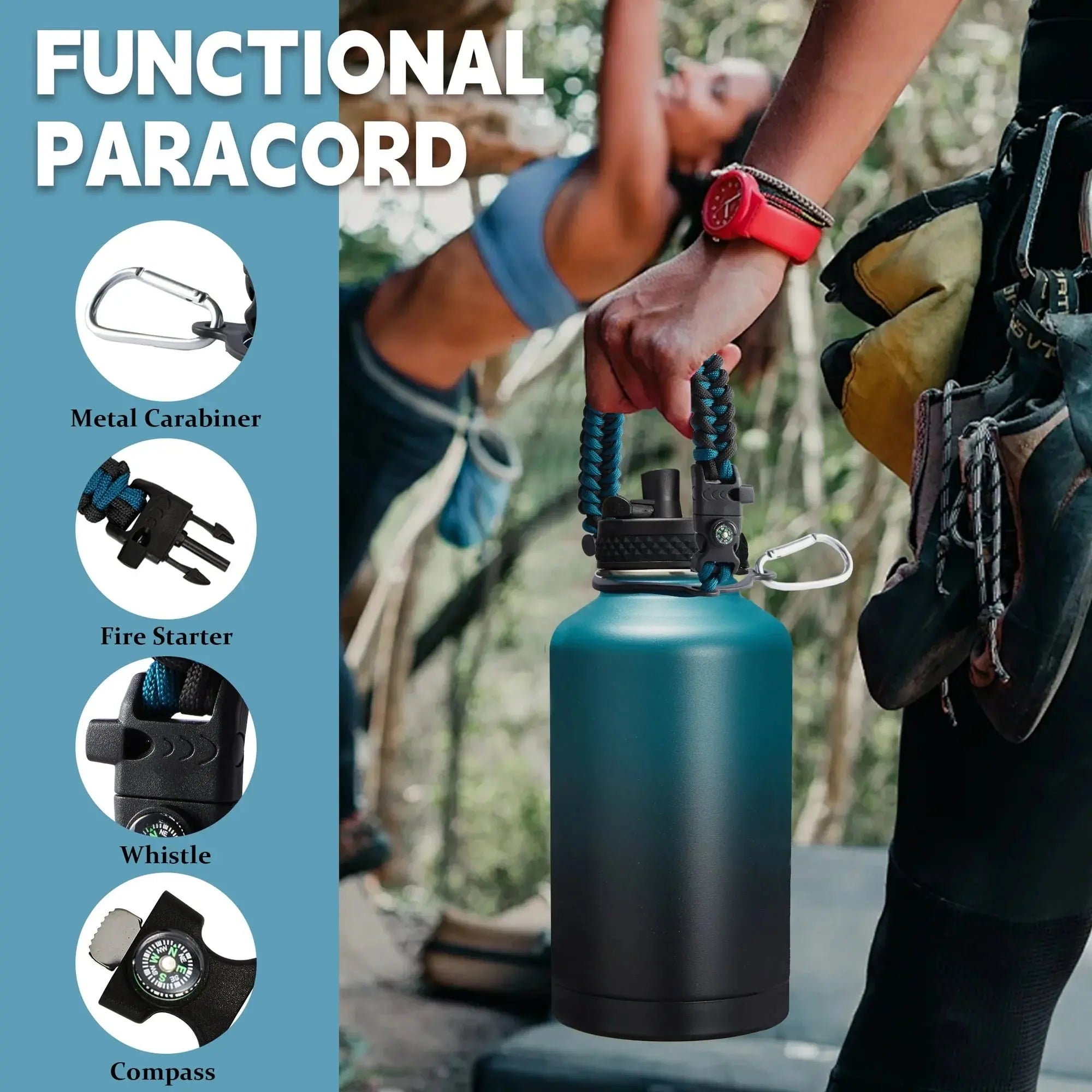 Stainless Steel Water Bottles 64Oz Cold-48H Vacuum Insulated Half Gallon Jug with Straw & Chug Lid, Paracord Handle, Strap Carry Bag, Metal Tactical Canteen