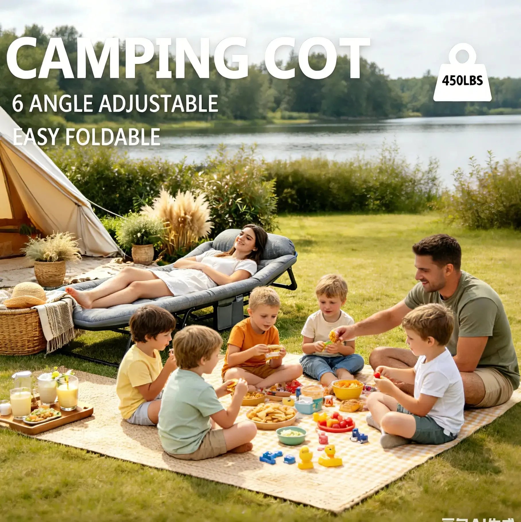 Camping Cot for Adults, 6 Angle Adjustable Folding Camping Bed with Mattress, Foldable Camping Bed for Camp, Office, Outdoor, Lightweight Camping Cot with Carry Bag Supports 450 Lbs