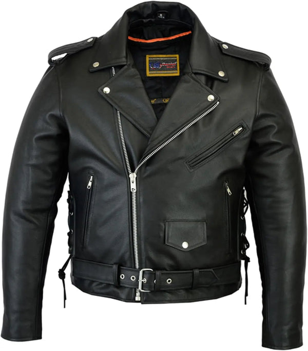 Classic Mens Leather Motorcycle Jacket with Sides Laces Design and inside Carry Pockets