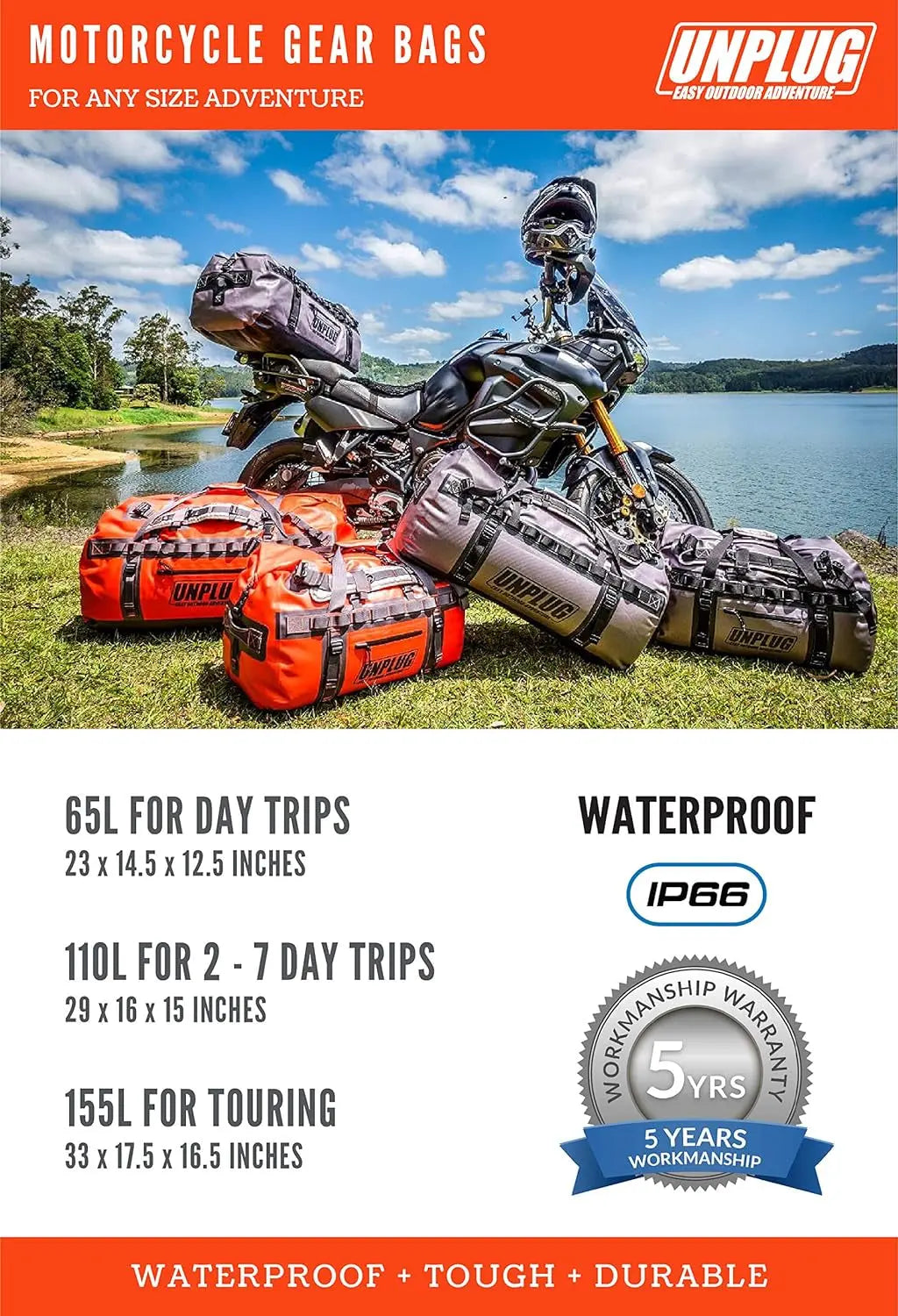UNPLUG Ultimate Adventure Bag | 1680D Heavy Duty Waterproof Bag | Large Travel Duffle Bag Which Can Be Used for Camping, Motorcycling, Boating, or Hunting