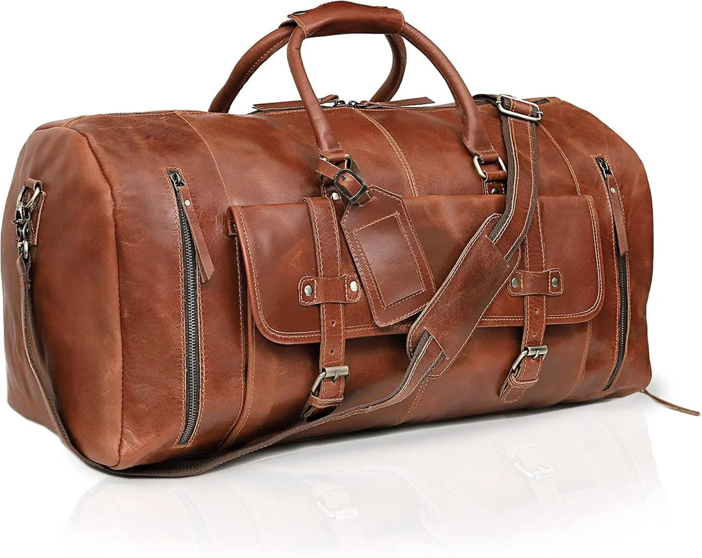 Duffle Leather Travel Bag for Women Men Gym Sports Overnight Weekend Airplane Cabin Bag 28 Inch Large Size Travel Bag with Shoe Compartment by Cureo