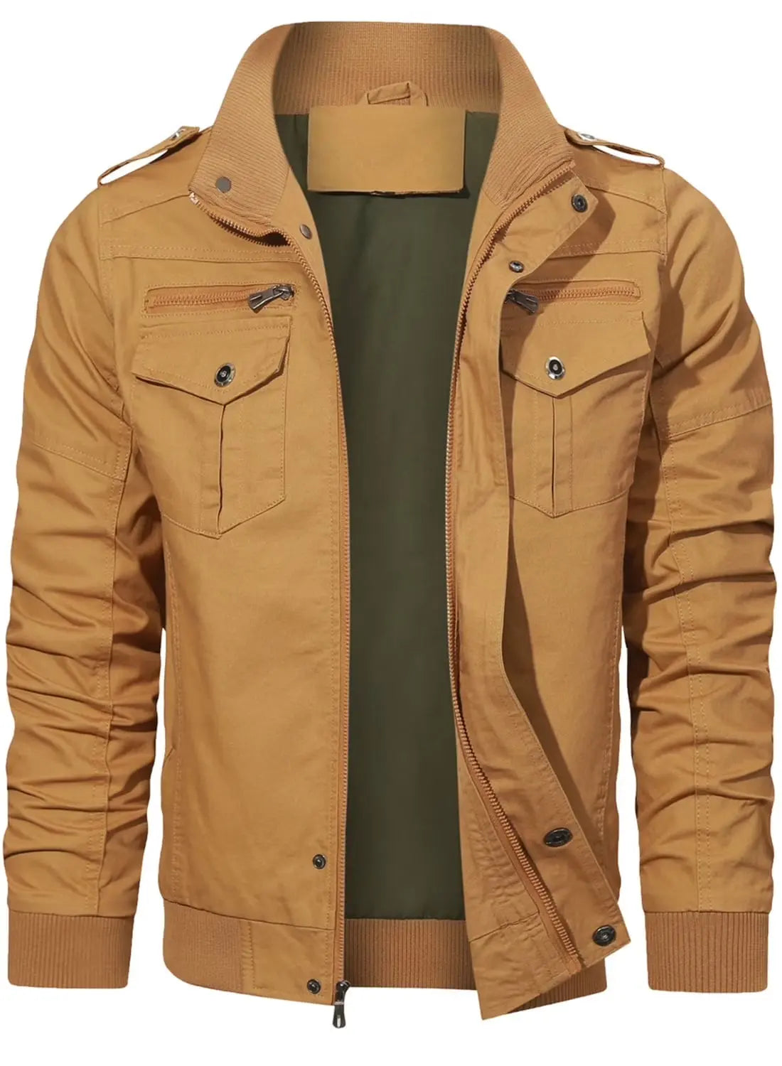 Men'S Casual Jackets Windbreaker Outwear Cargo Bomber Jackets Full Zipper Mid Length Fall Spring Coats Khaki M