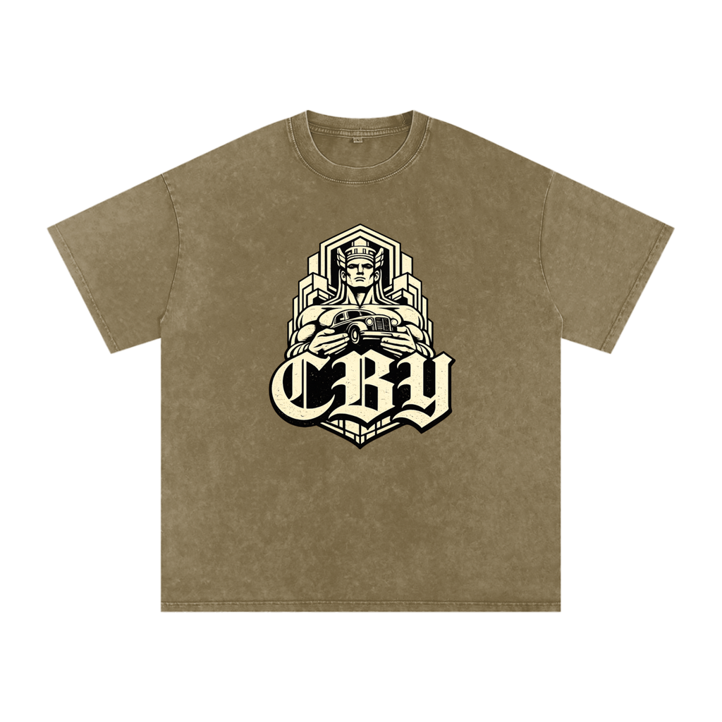 CBY Guardian art-deco graphic — snow-wash oversized tee, Guardians of Traffic figure with blackletter CBY
