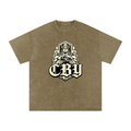 CBY Guardian art-deco graphic — snow-wash oversized tee, Guardians of Traffic figure with blackletter CBY