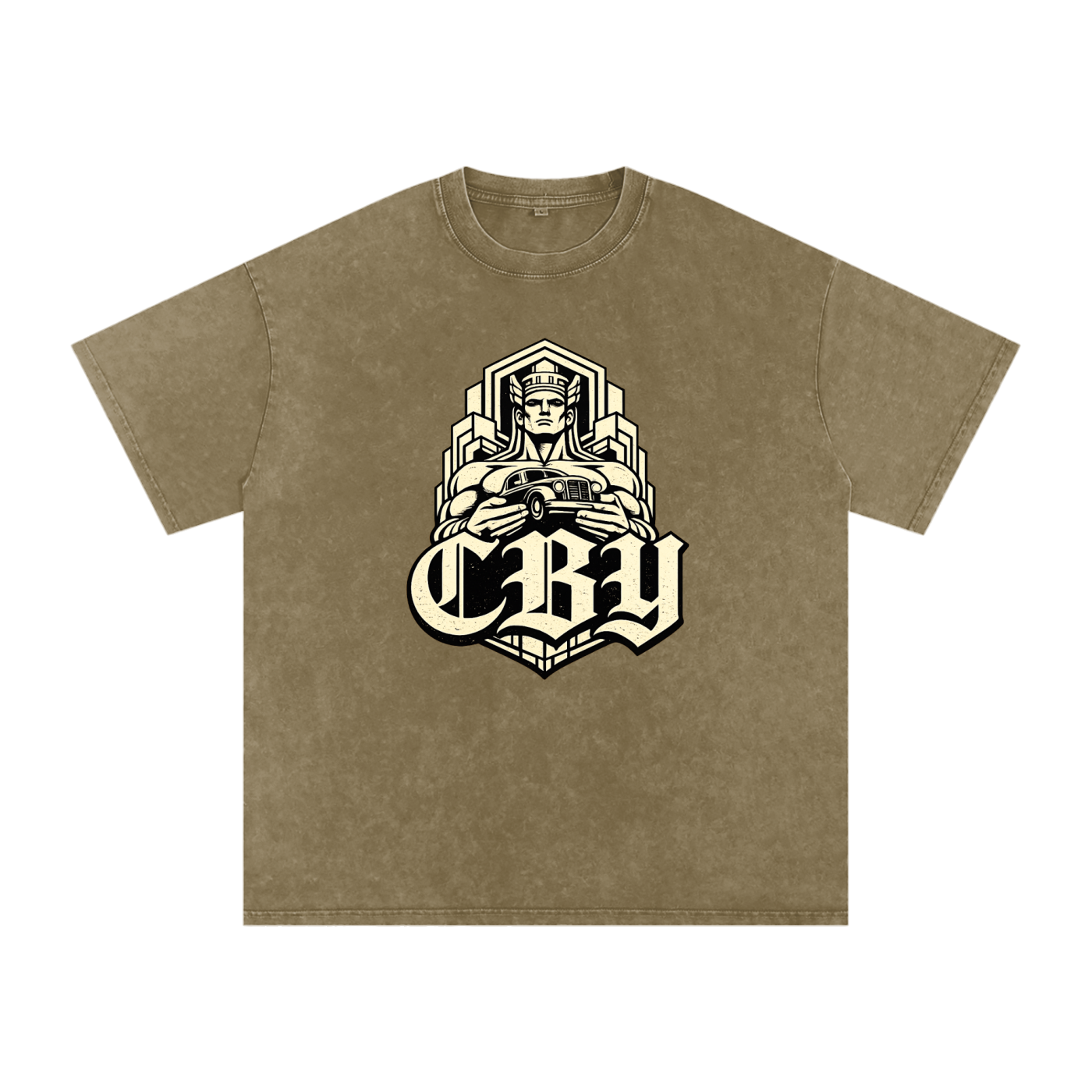 CBY Guardian art-deco graphic — snow-wash oversized tee, Guardians of Traffic figure with blackletter CBY