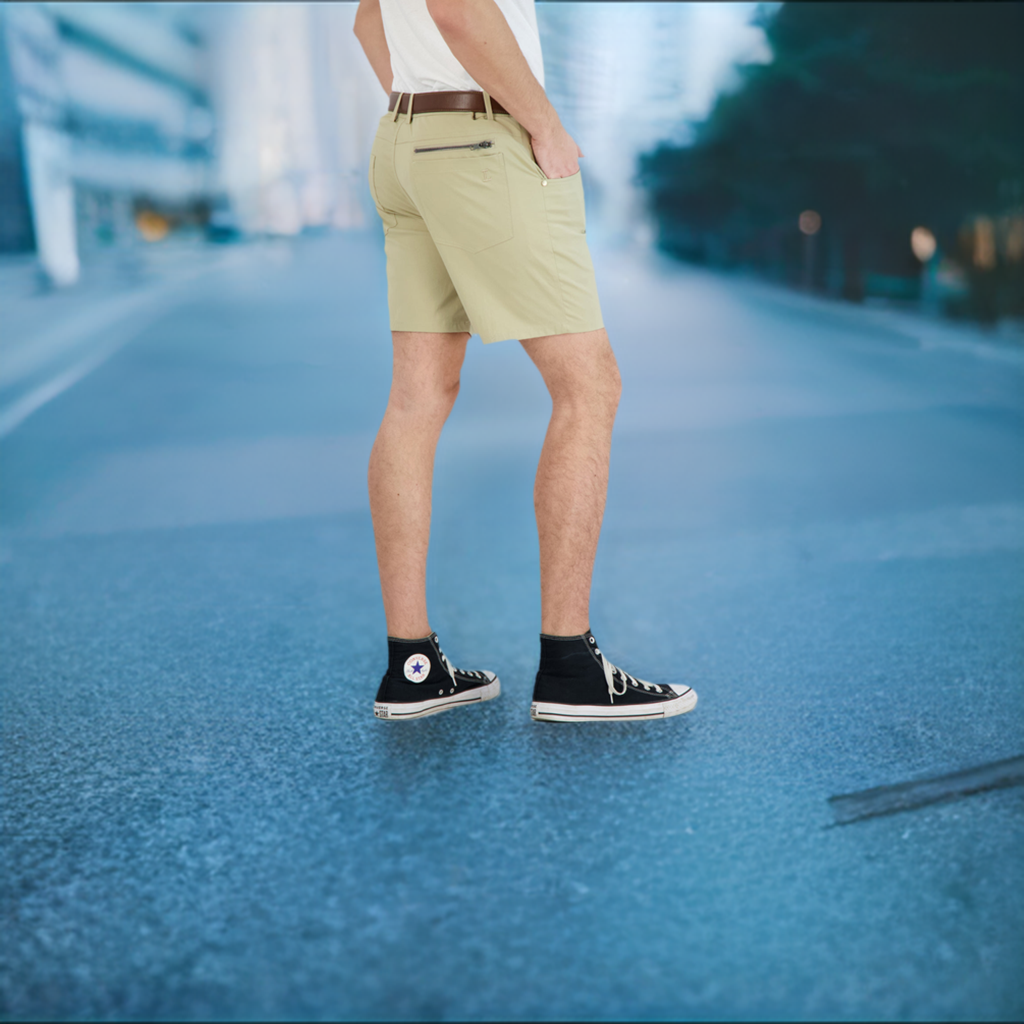 Khaki stretch shorts — built-in liner detail