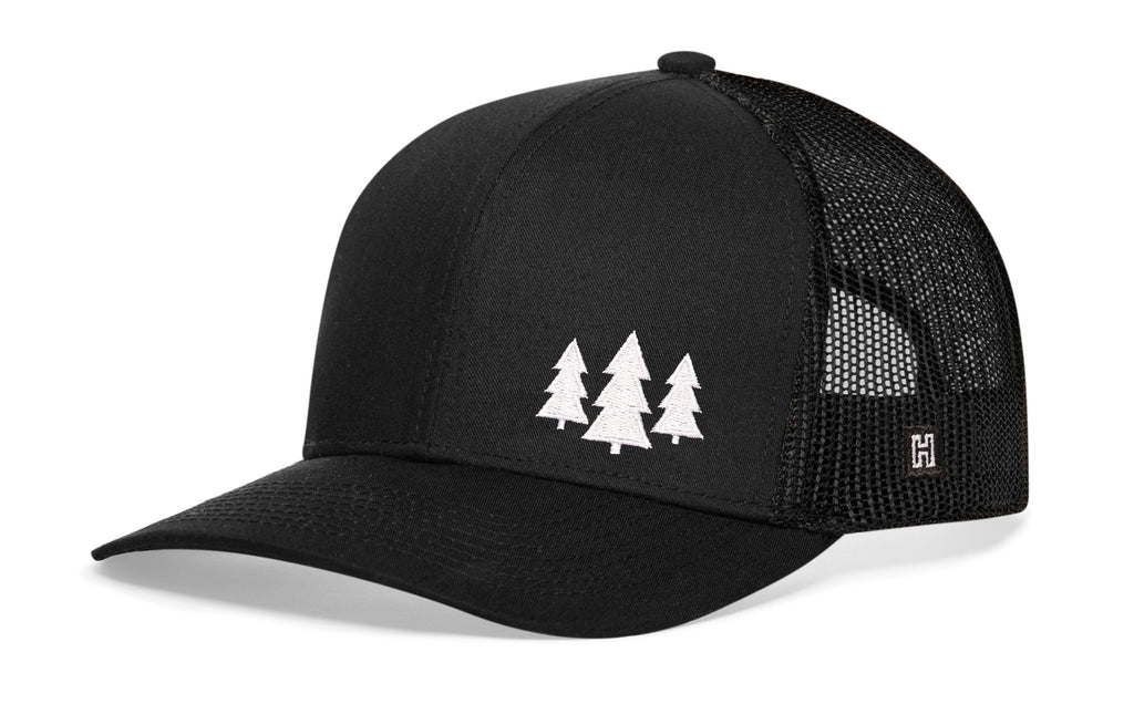 Three Pine Trees Trucker Hat  |  Black Outdoors Snapback Haka Hat
