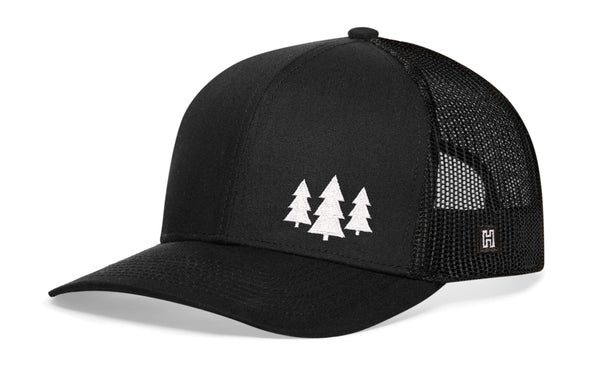 Three Pine Trees Trucker Hat  |  Black Outdoors Snapback Haka Hat