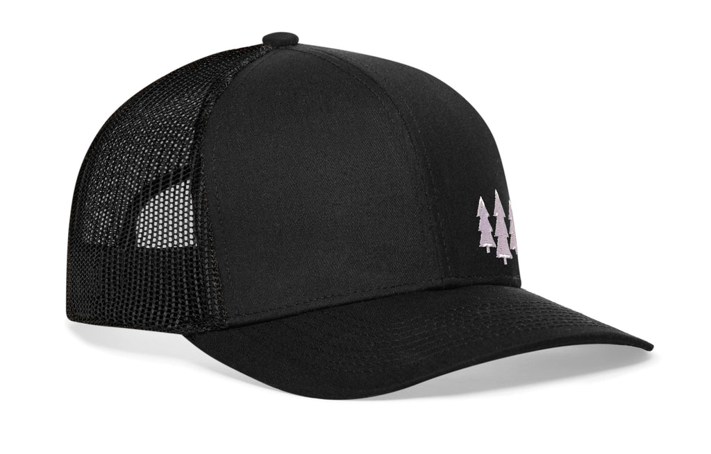 Three Pine Trees Trucker Hat  |  Black Outdoors Snapback Haka Hat