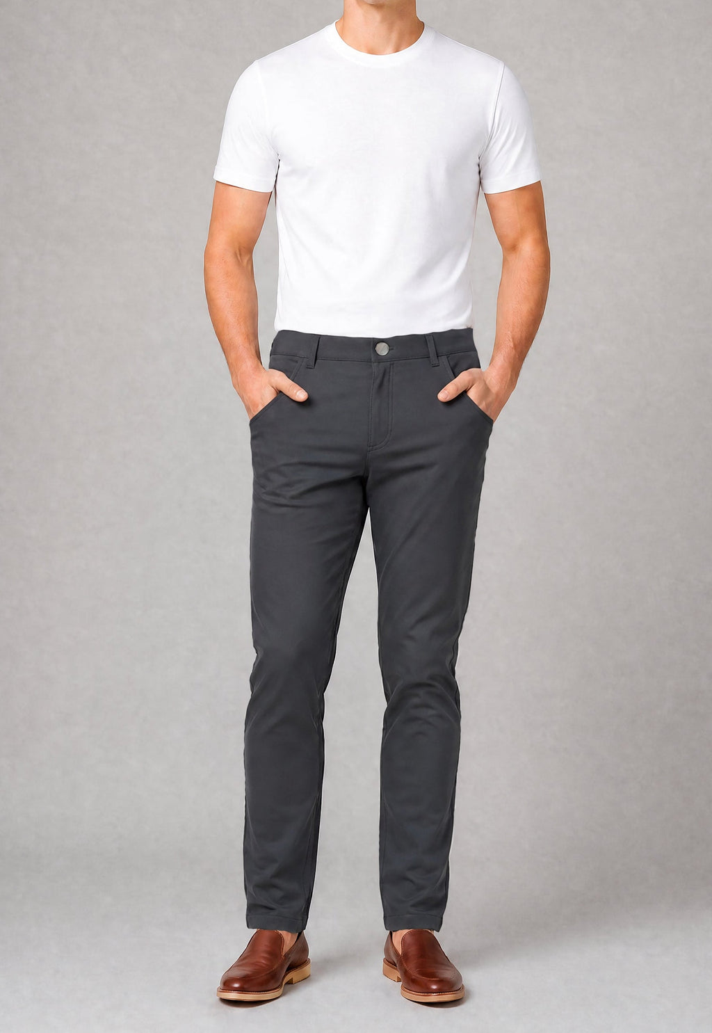 Super-stretch performance chinos in dark charcoal — mens tailored fit