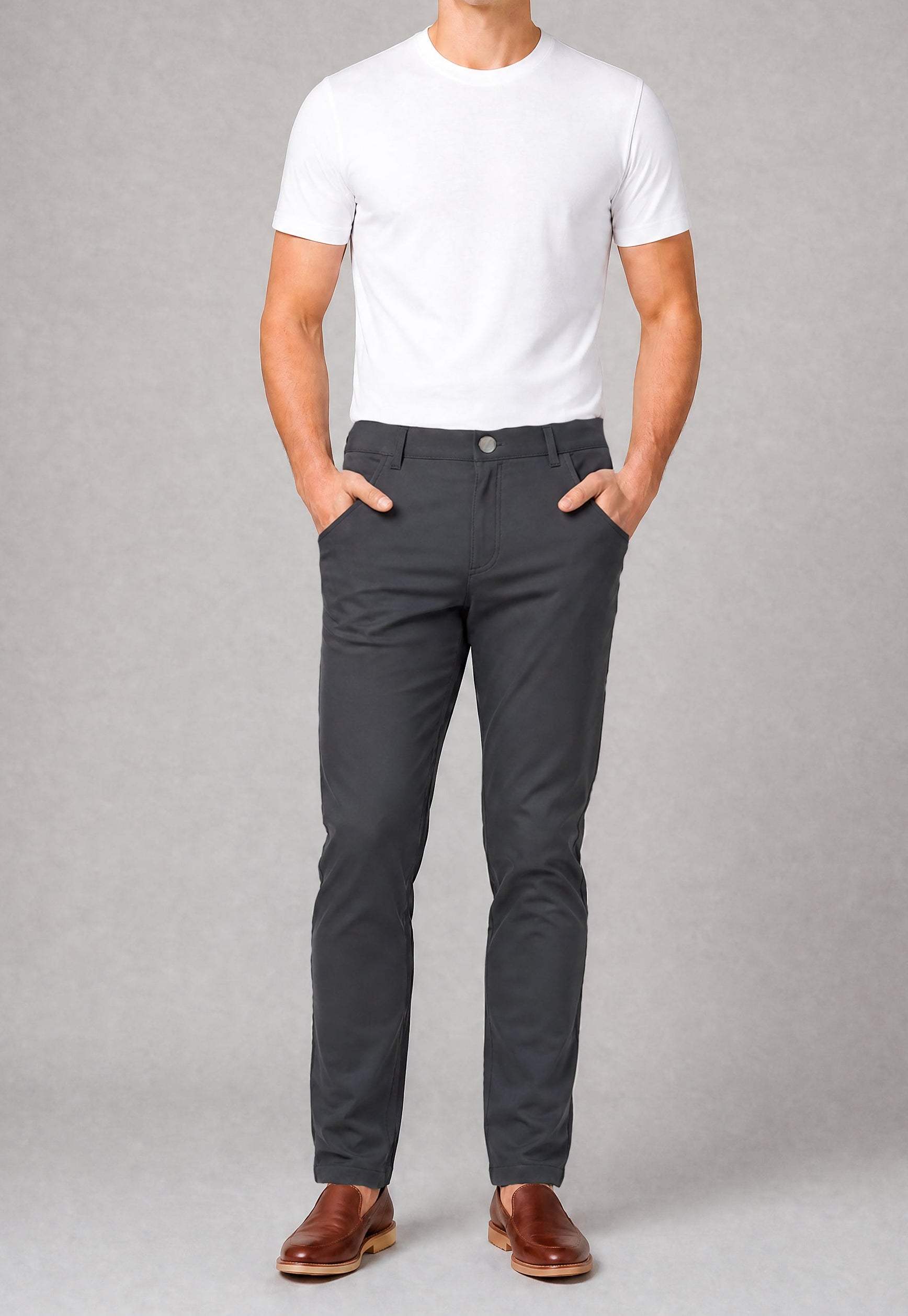Super-stretch performance chinos in dark charcoal — mens tailored fit