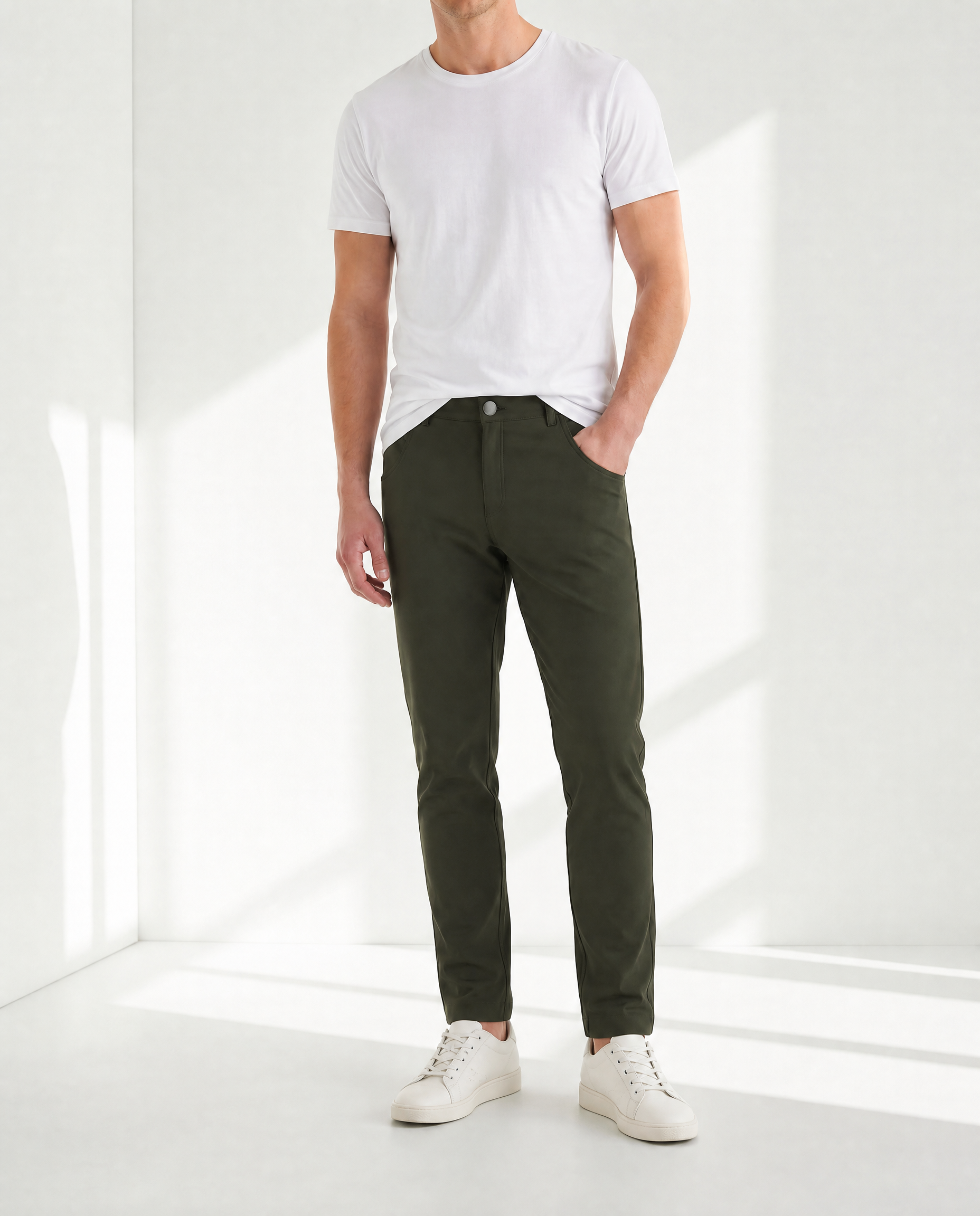 Super-stretch performance chinos in olive — mens tailored fit