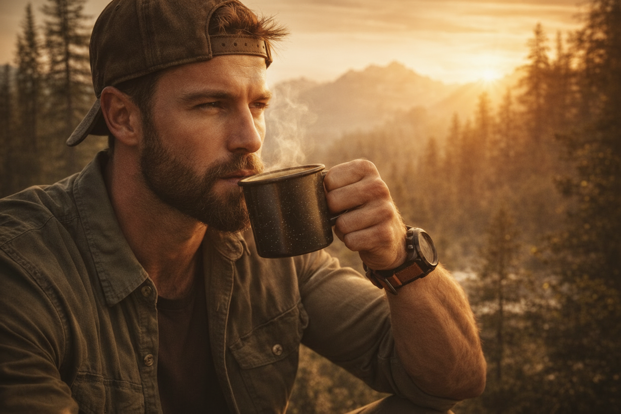 Man drinking coffee in wilderness