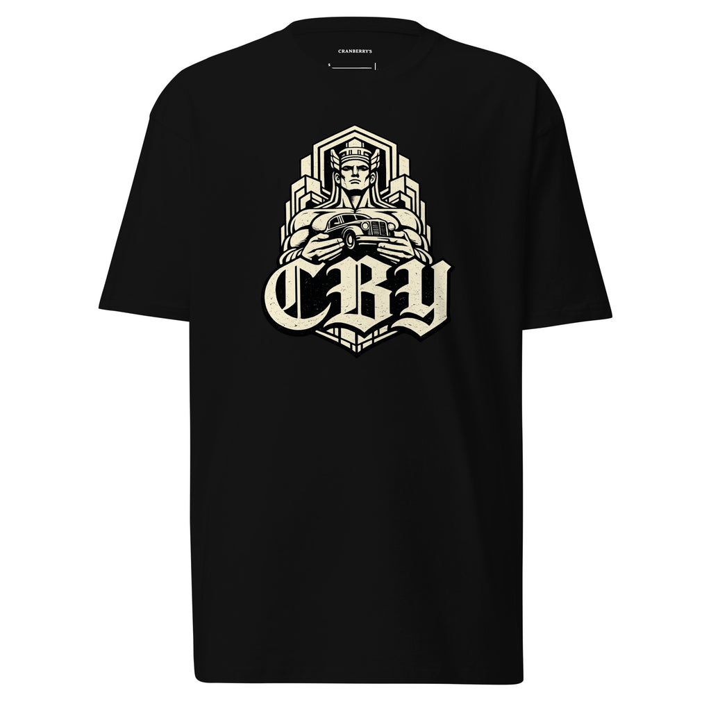 CBY Guardian heavyweight tee — art-deco Guardians of Traffic figure with blackletter CBY, full-front print