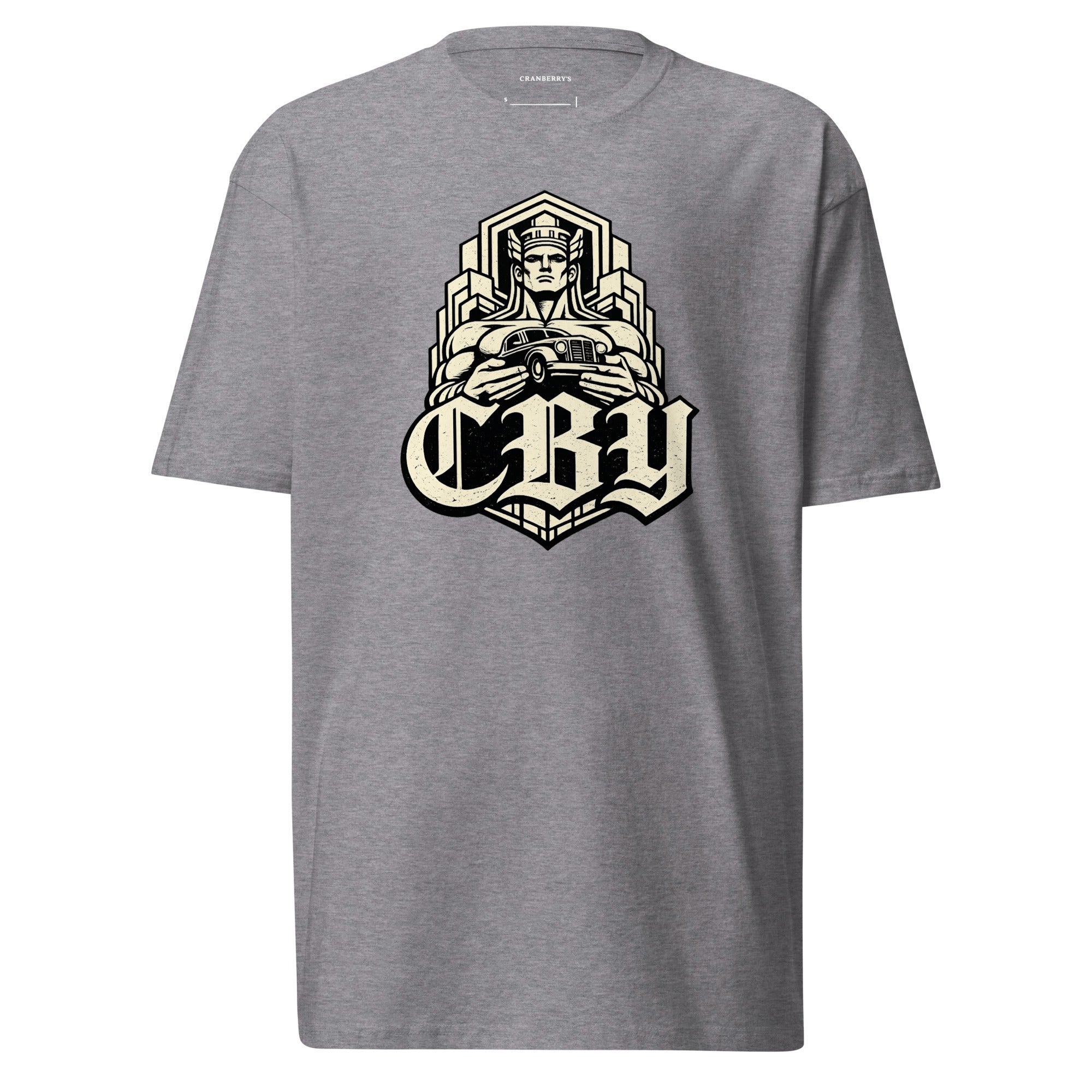 CBY Guardian heavyweight tee — art-deco Guardians of Traffic figure with blackletter CBY, full-front print
