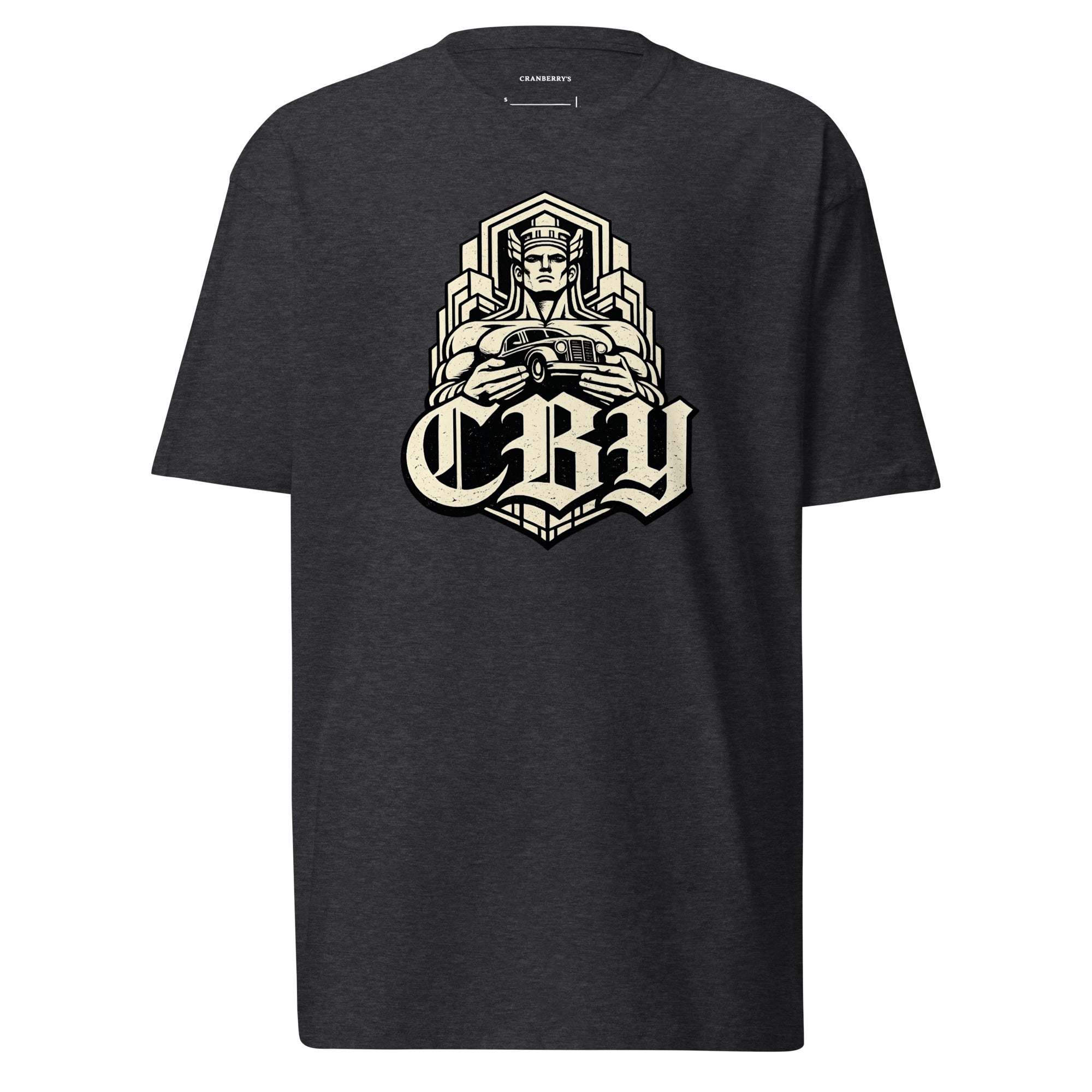 CBY Guardian heavyweight tee — art-deco Guardians of Traffic figure with blackletter CBY, full-front print