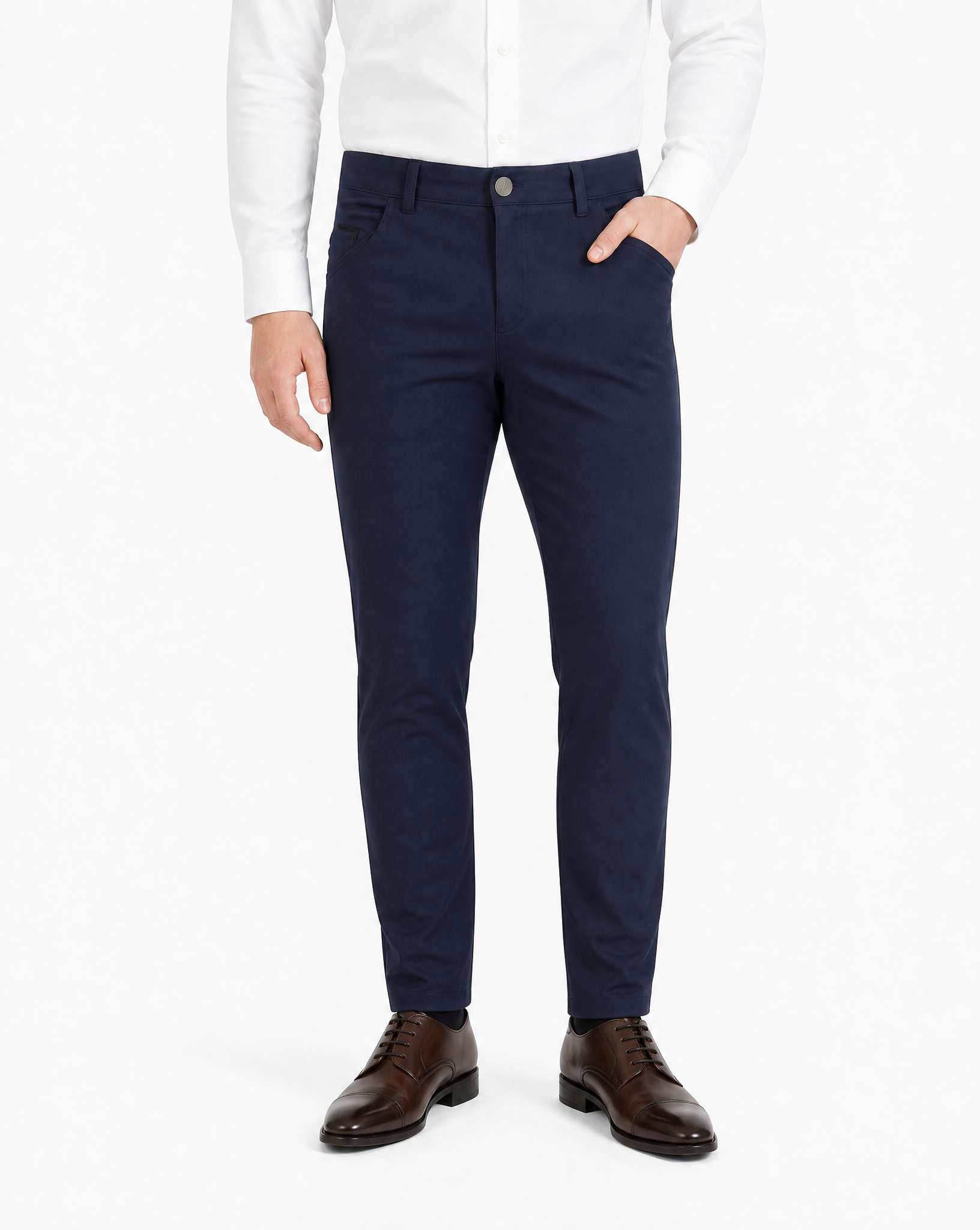 Mens navy stretch chinos — front view
