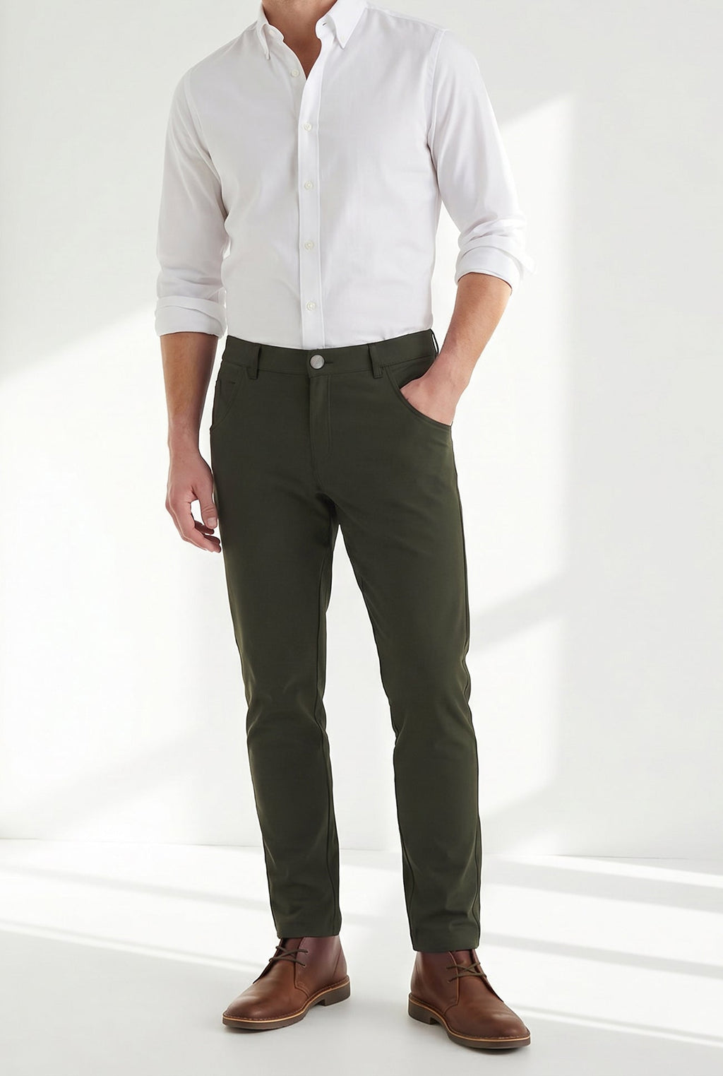 Mens olive stretch chinos — front view