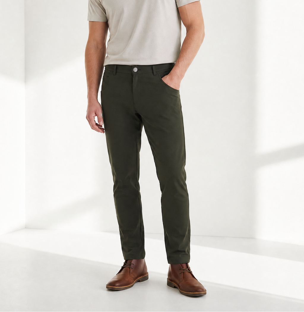 Olive chinos — fabric and waistband detail