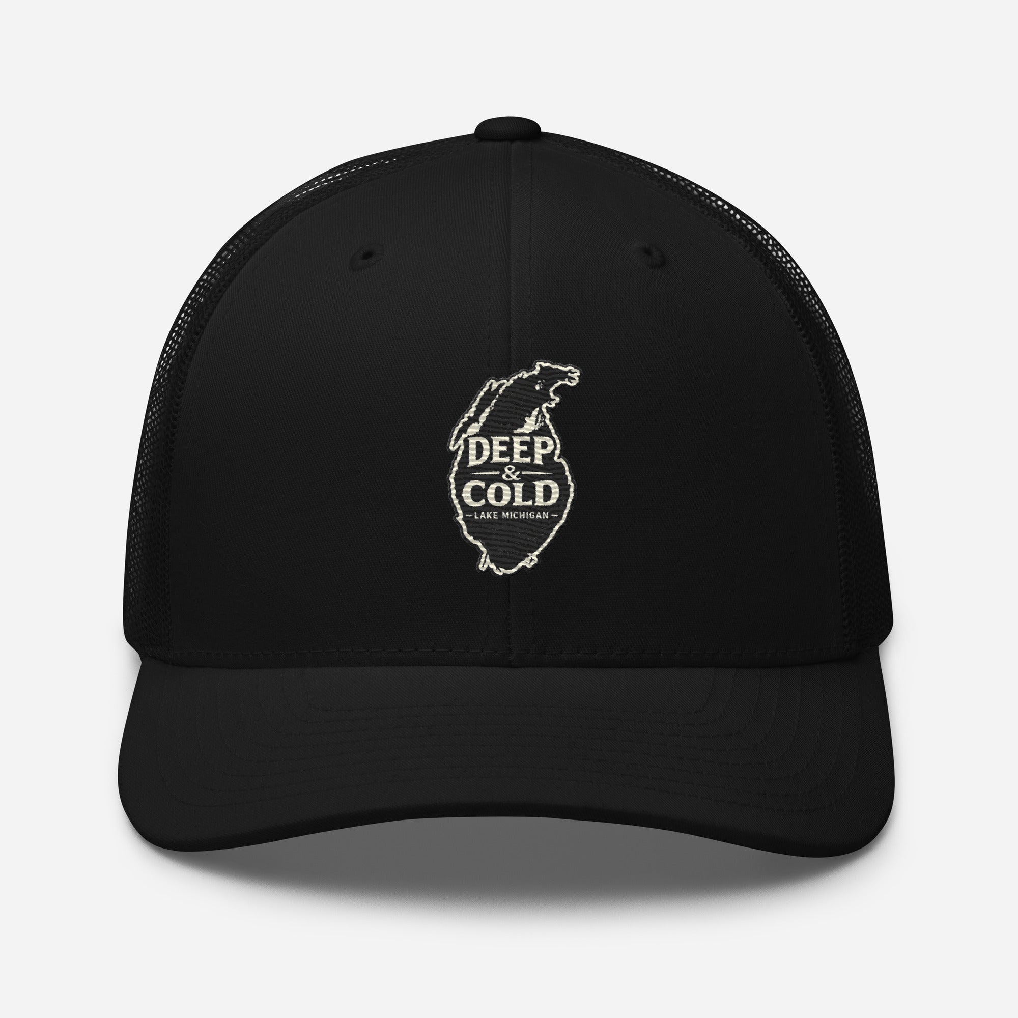 CBY CHI Deep & Cold Lake Michigan trucker cap in black, front view