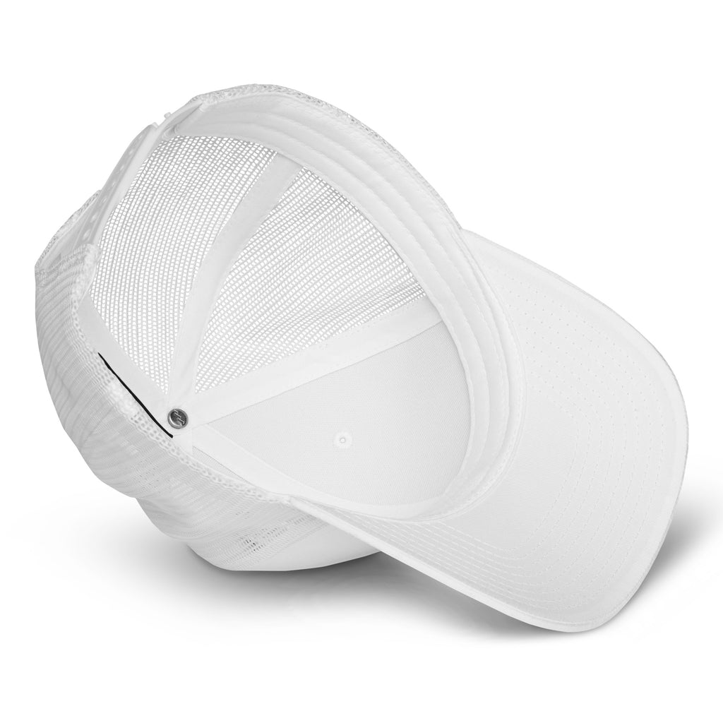 CBY CLE graffiti trucker hat in white — close-up of white-and-gold graffiti mark