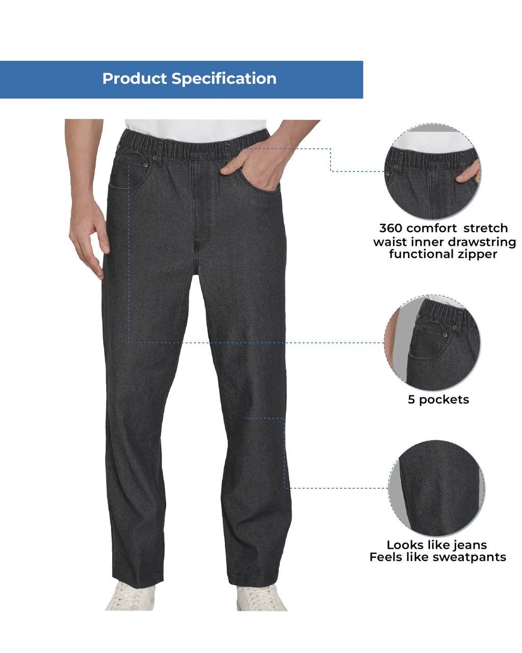 Men's Lightweight Pull-On Denim Pants – Easy Fit Elastic Waist TURTLE BAY APPAREL