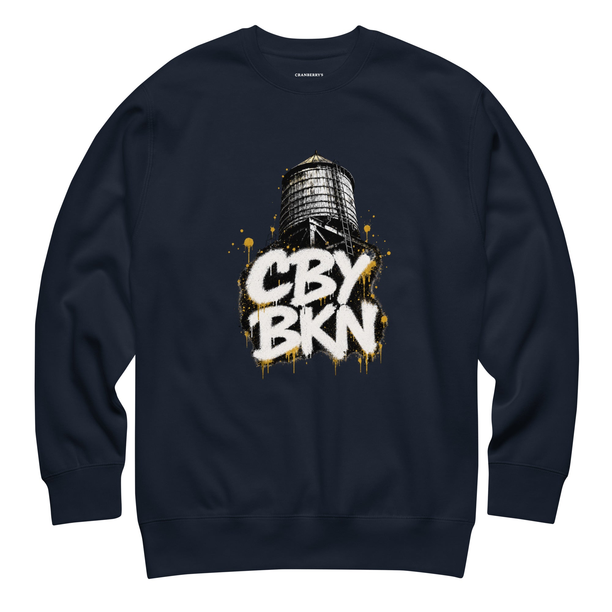 CBY BKN Graffiti Water Tower crewneck sweatshirt — navy blazer, front