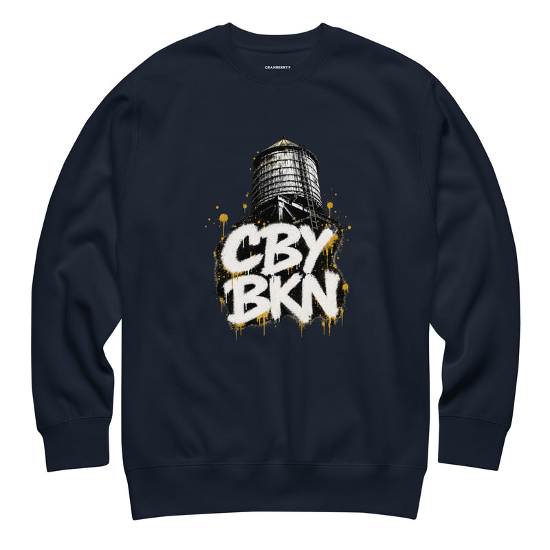CBY BKN Graffiti Water Tower crewneck sweatshirt — navy blazer, front