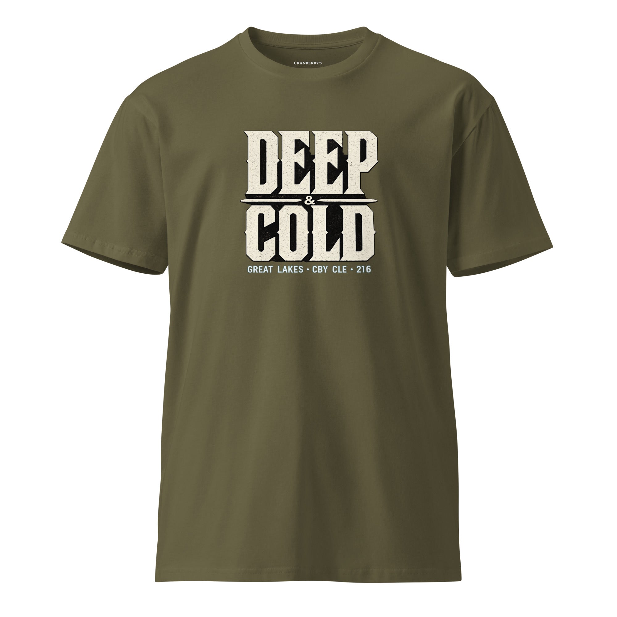 CBY CLE Deep & Cold Great Lakes tee — army green, front