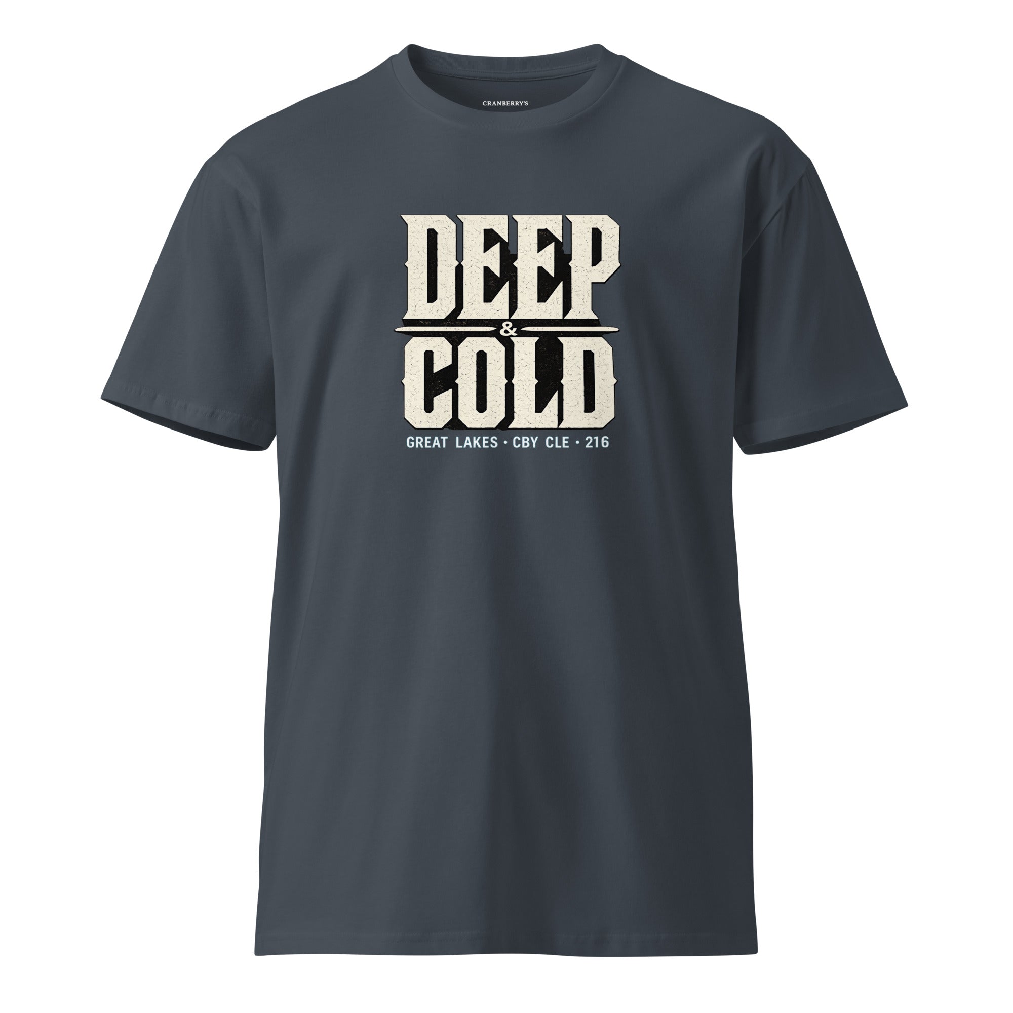 CBY CLE Deep & Cold Great Lakes tee — petrol blue, front