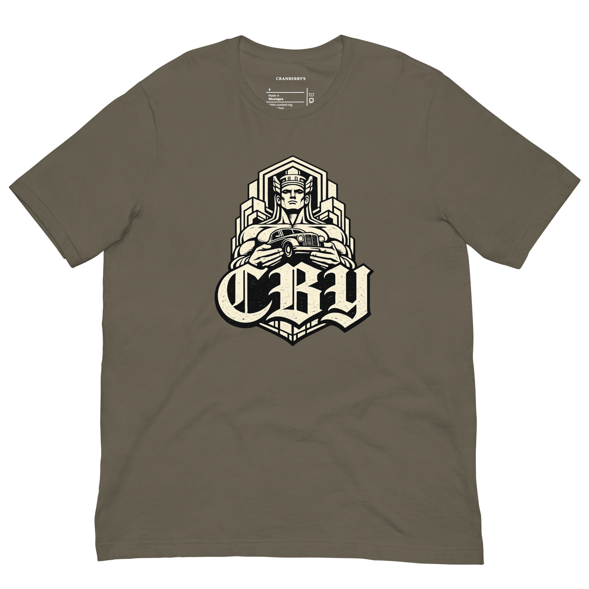 CBY Guardian fitted tee — art-deco Guardians of Traffic figure with blackletter CBY, full-front print
