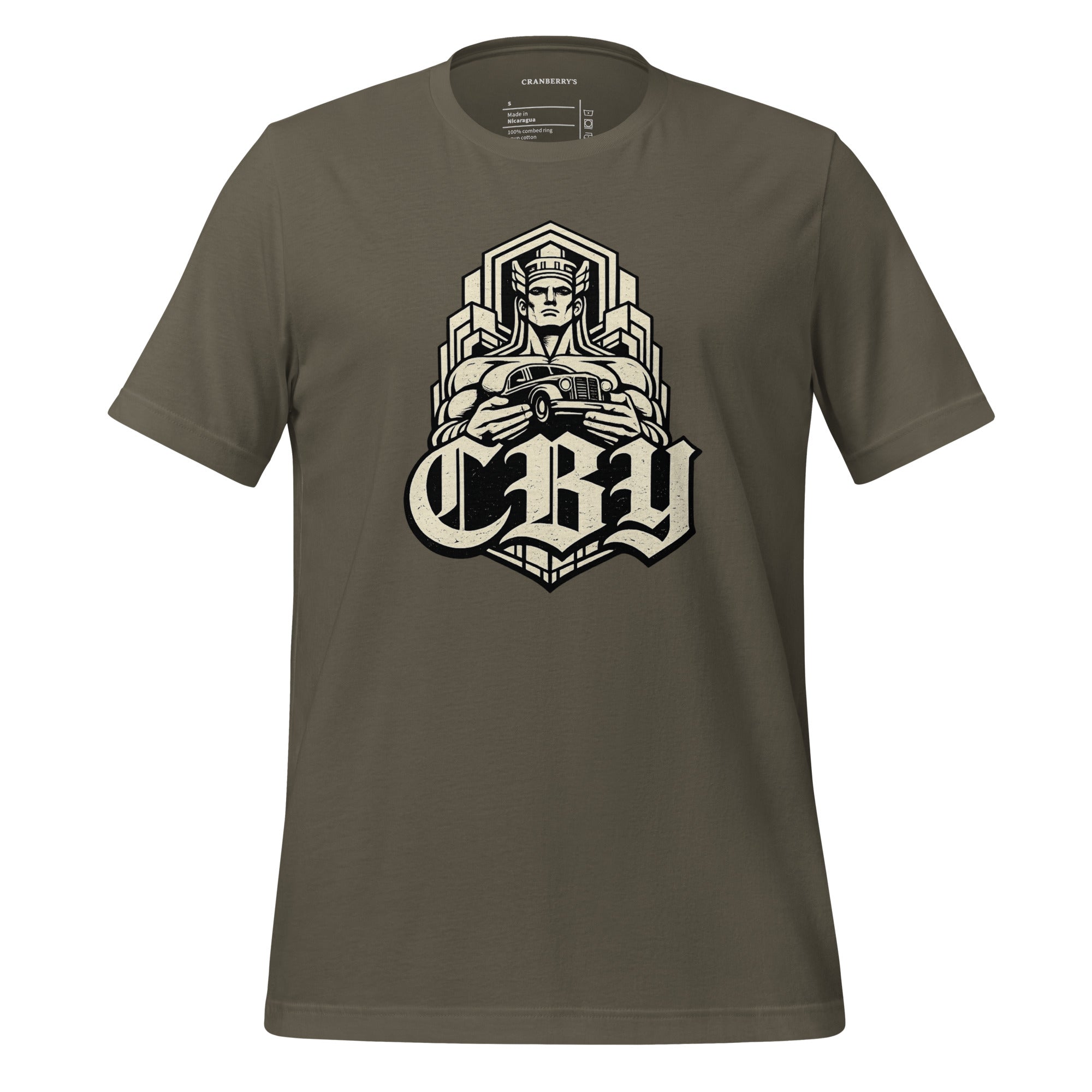 CBY Guardian fitted tee — art-deco Guardians of Traffic figure with blackletter CBY, full-front print
