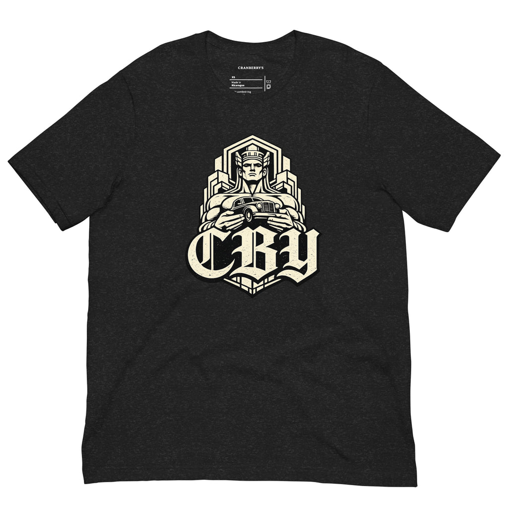 CBY Guardian fitted tee — art-deco Guardians of Traffic figure with blackletter CBY, full-front print