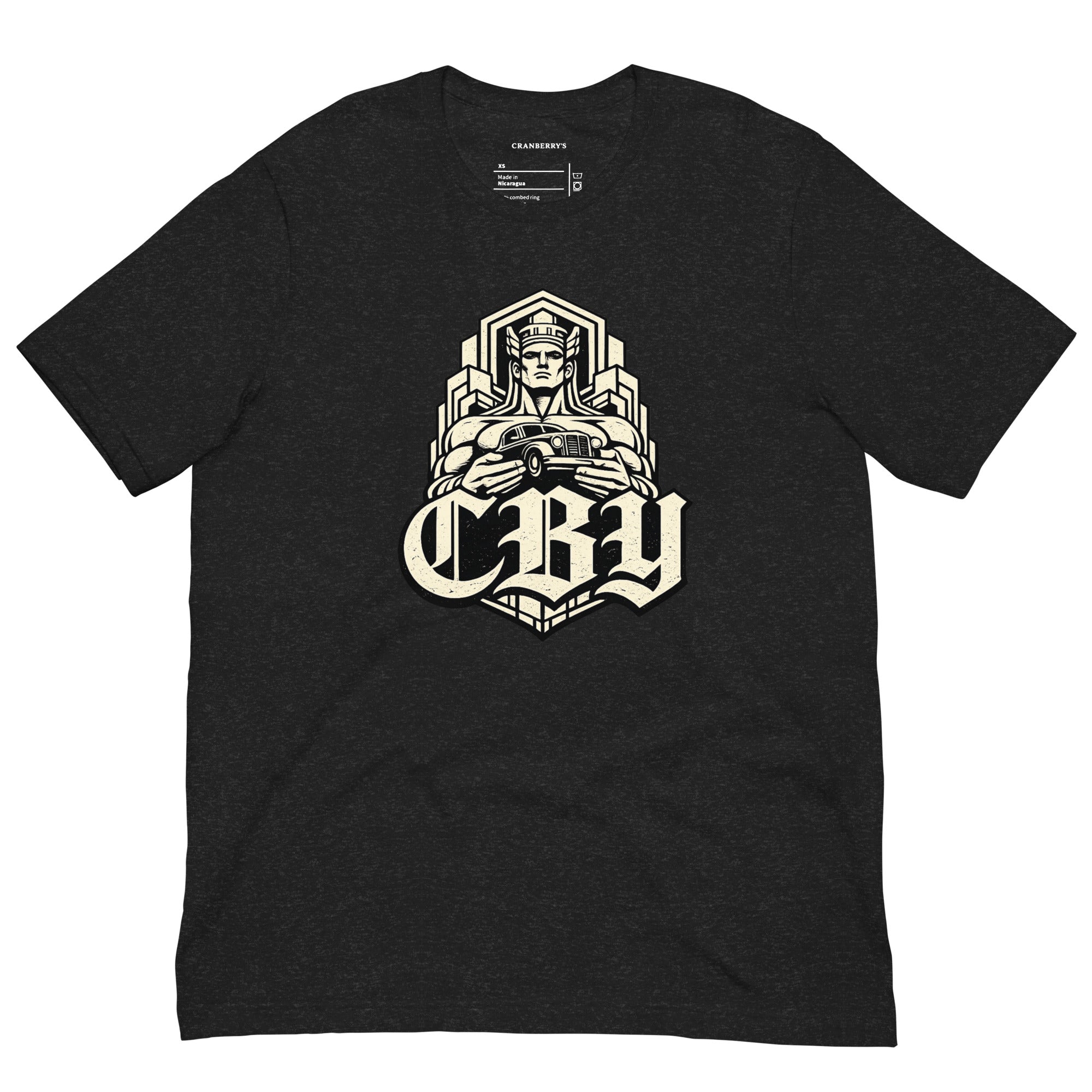 CBY Guardian fitted tee — art-deco Guardians of Traffic figure with blackletter CBY, full-front print