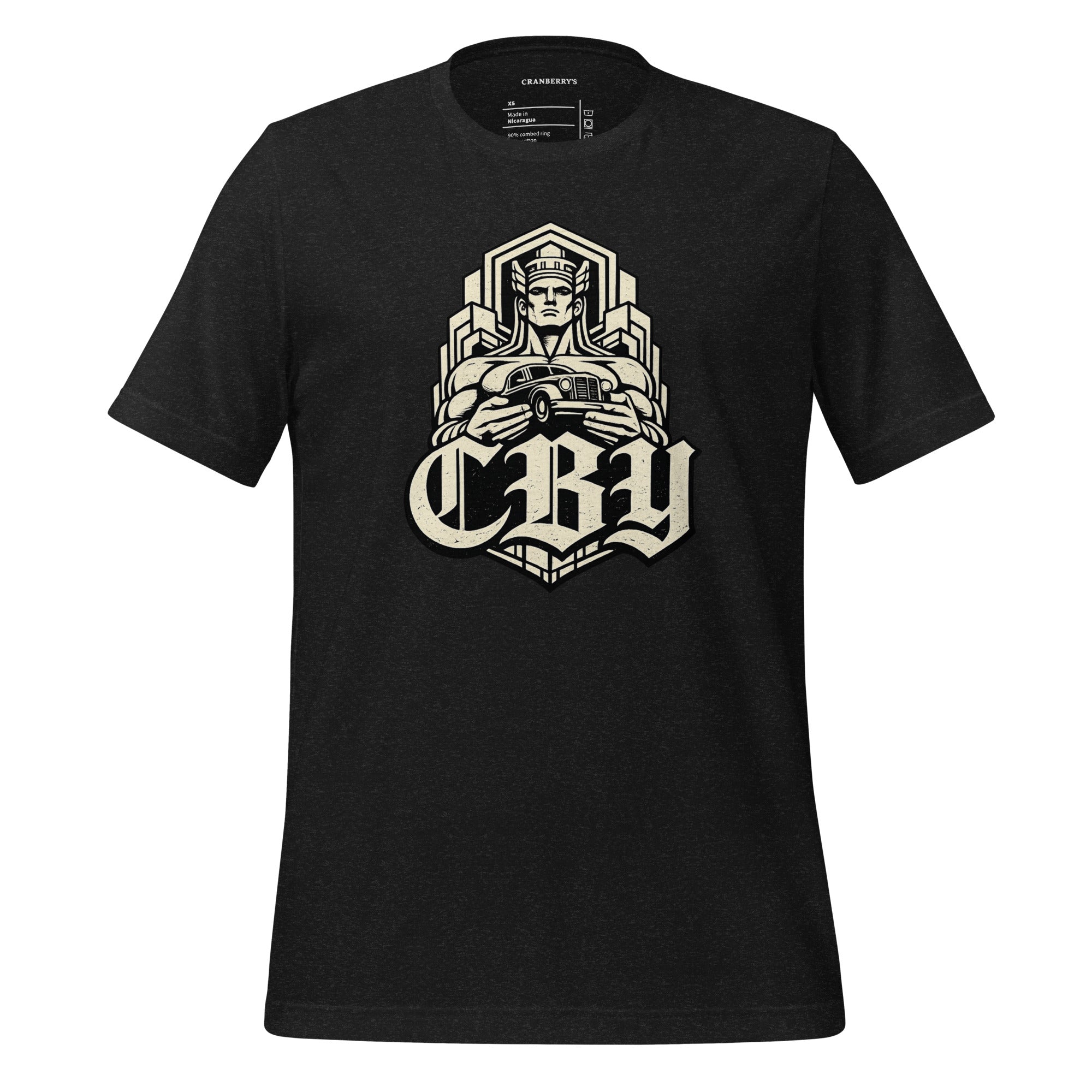 CBY Guardian fitted tee — art-deco Guardians of Traffic figure with blackletter CBY, full-front print