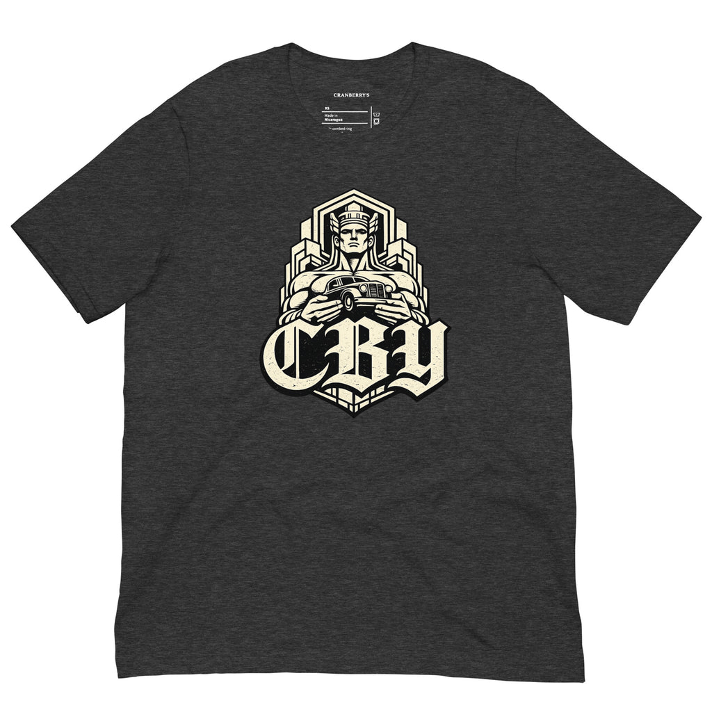 CBY Guardian fitted tee — art-deco Guardians of Traffic figure with blackletter CBY, full-front print