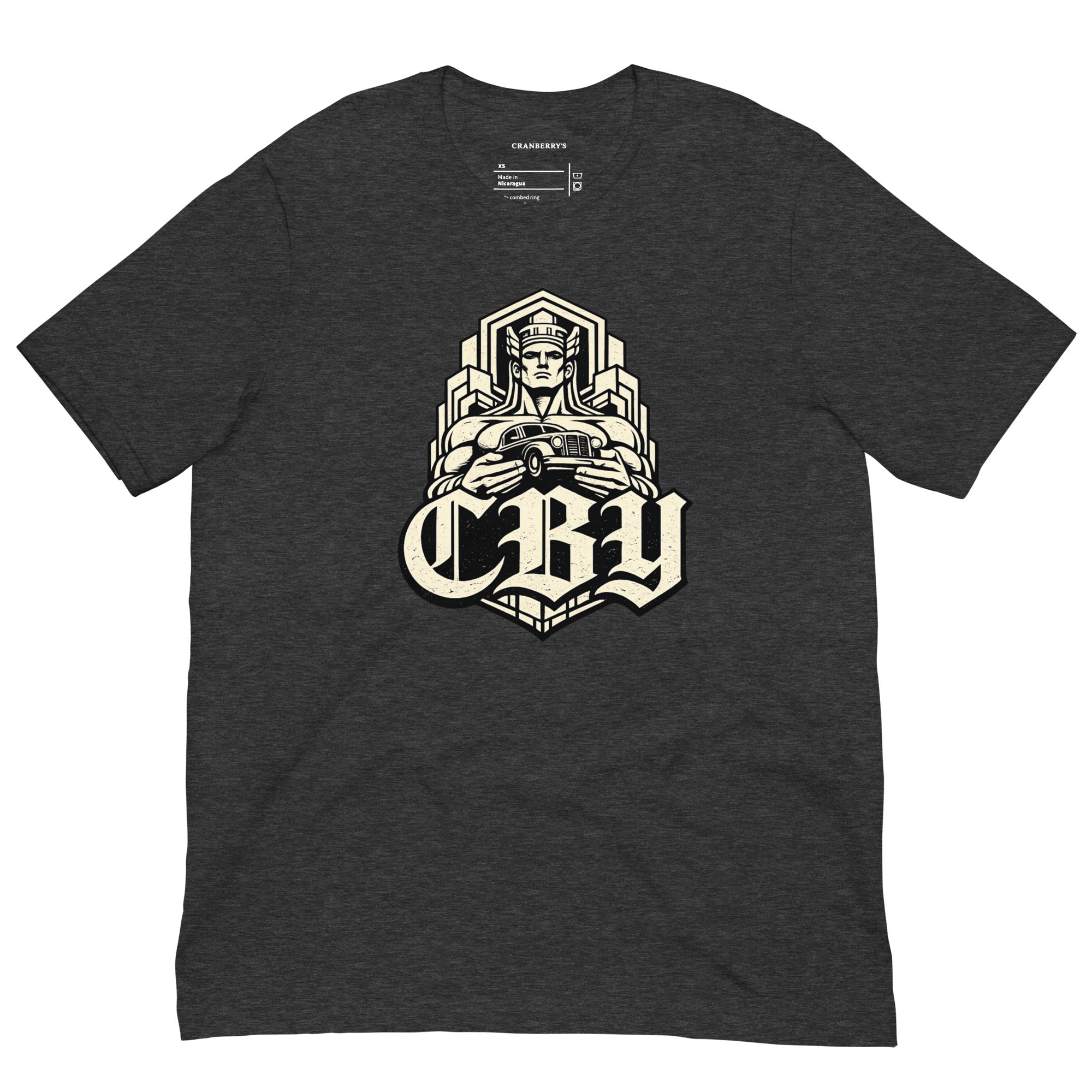CBY Guardian fitted tee — art-deco Guardians of Traffic figure with blackletter CBY, full-front print
