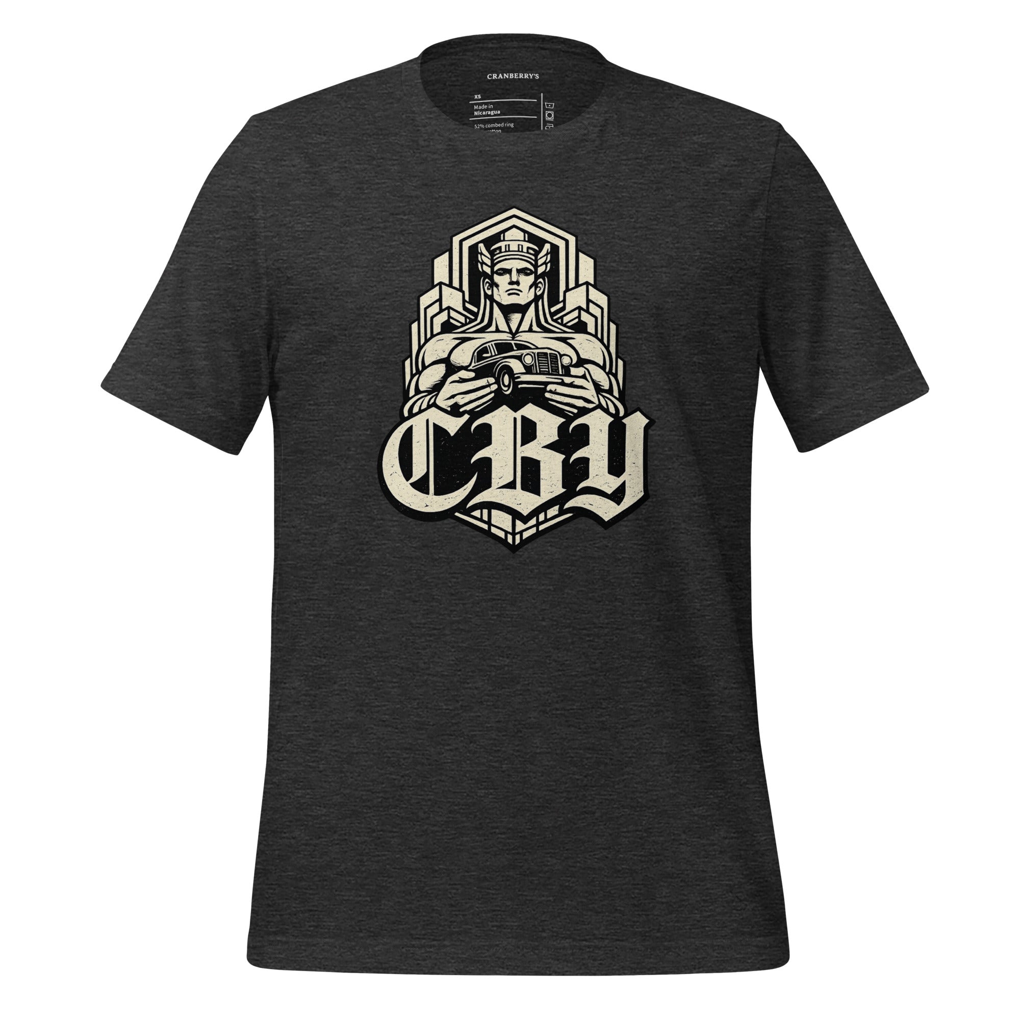 CBY Guardian fitted tee — art-deco Guardians of Traffic figure with blackletter CBY, full-front print