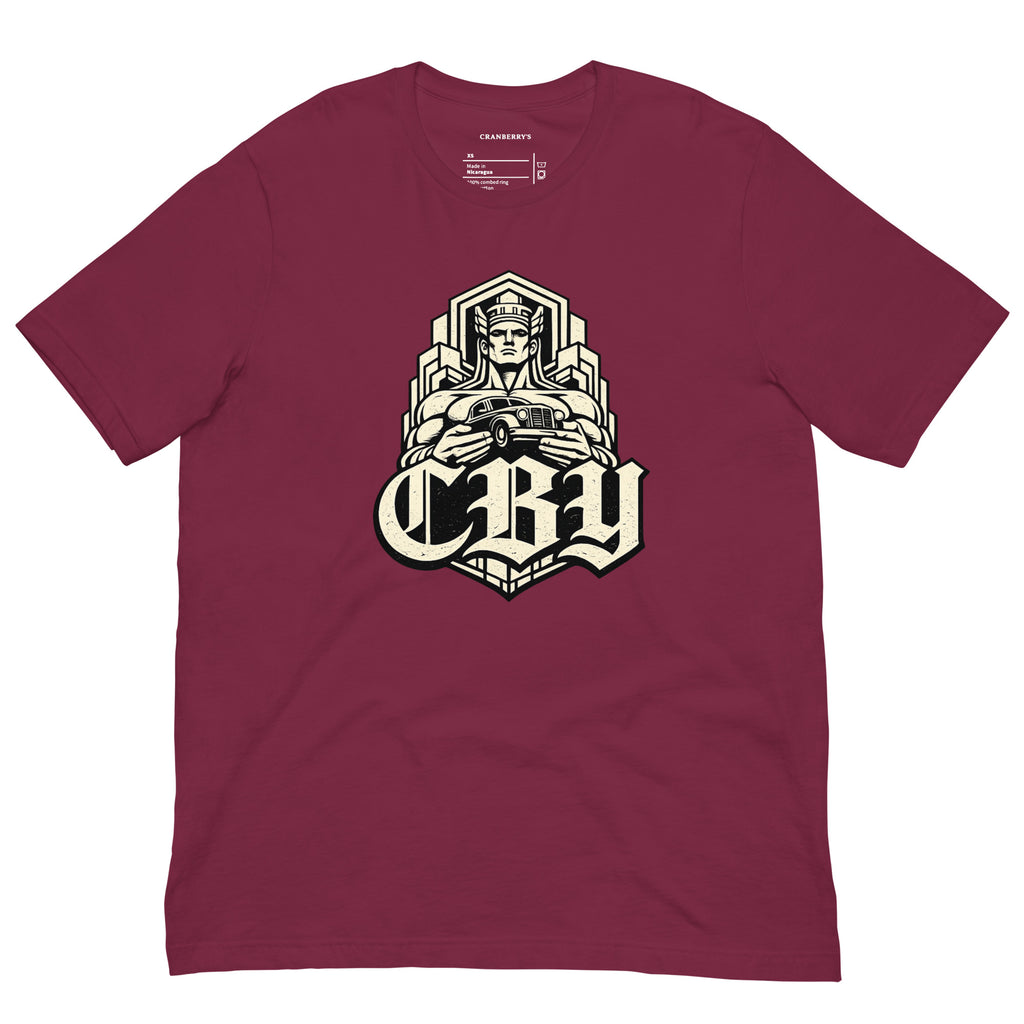 CBY Guardian fitted tee — art-deco Guardians of Traffic figure with blackletter CBY, full-front print