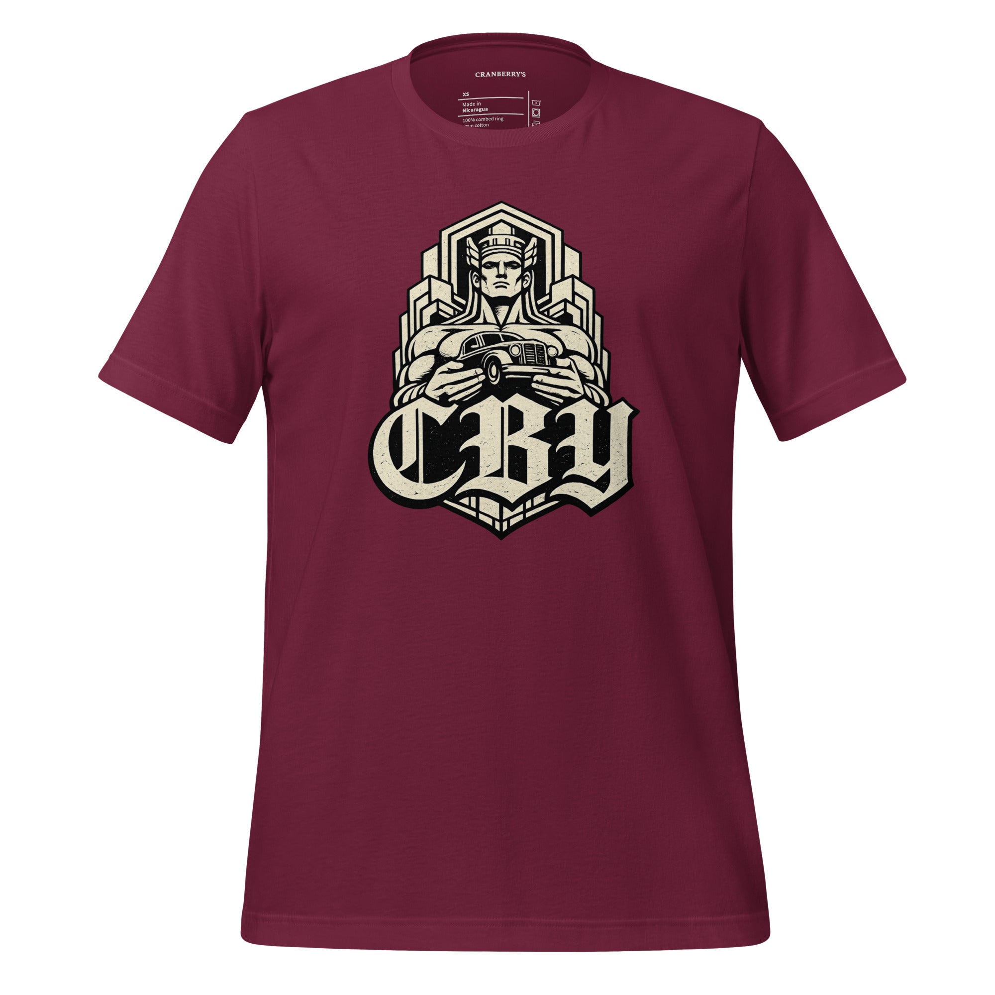 CBY Guardian fitted tee — art-deco Guardians of Traffic figure with blackletter CBY, full-front print