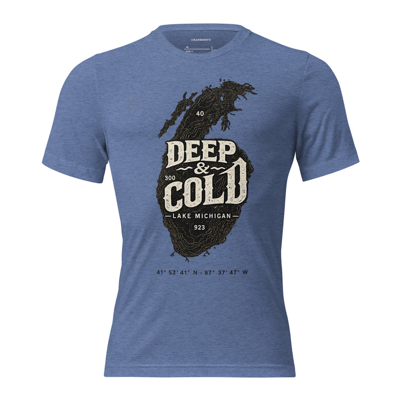 CBY Deep & Cold Lake Michigan tee in blue triblend, front view