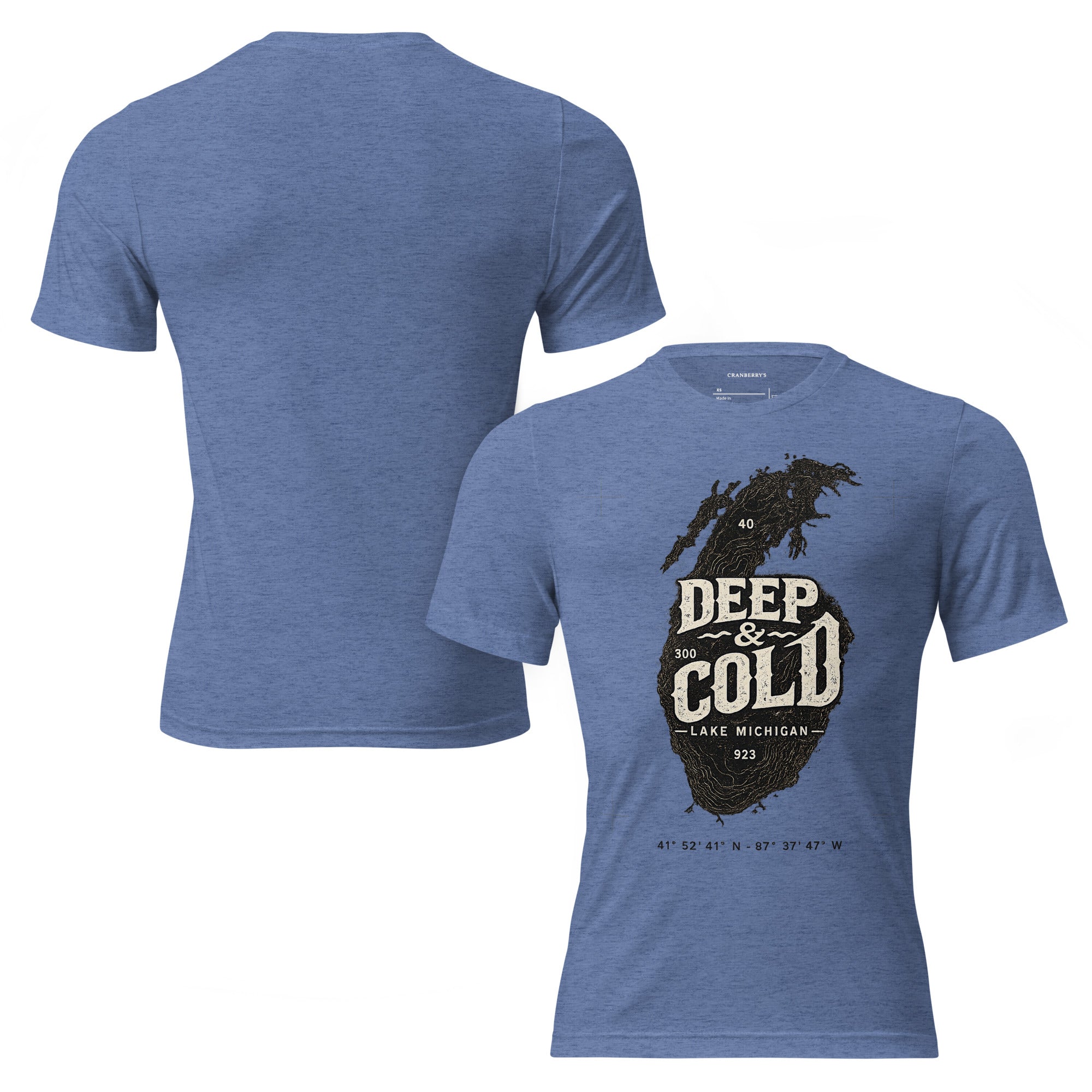 CBY Deep & Cold Lake Michigan tee in blue triblend, front and back